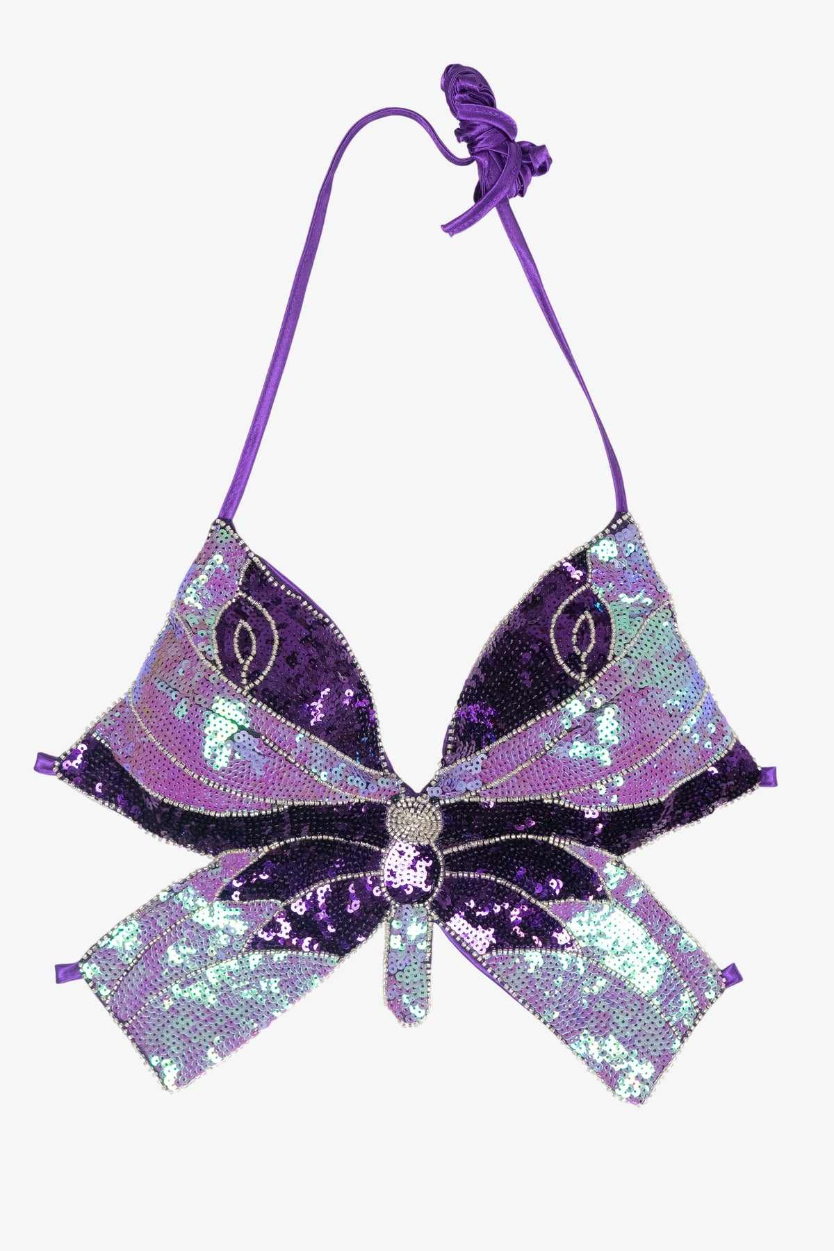 Purple iridescent sequin butterfly halter top with beaded trim