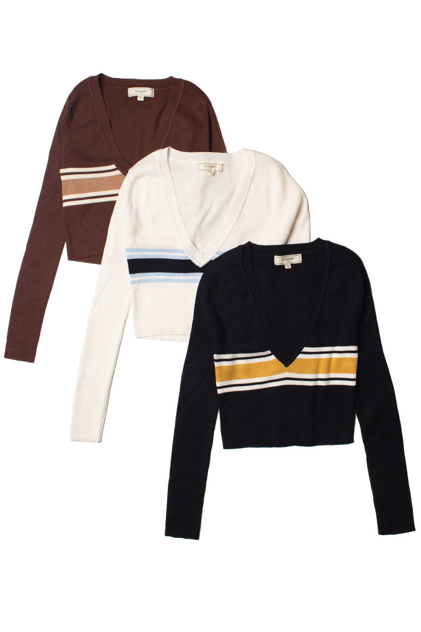 Ribbed V Neck Stripe Sweater