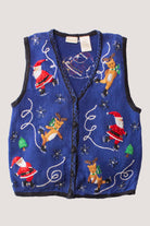 Vintage blue Christmas sweater vest with Santa, reindeer, snowflakes, and tree holiday designs in various colors
