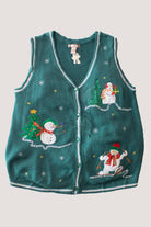 Vintage green Christmas sweater vest with embroidered snowmen, tree, and snowflake designs, button front closure
