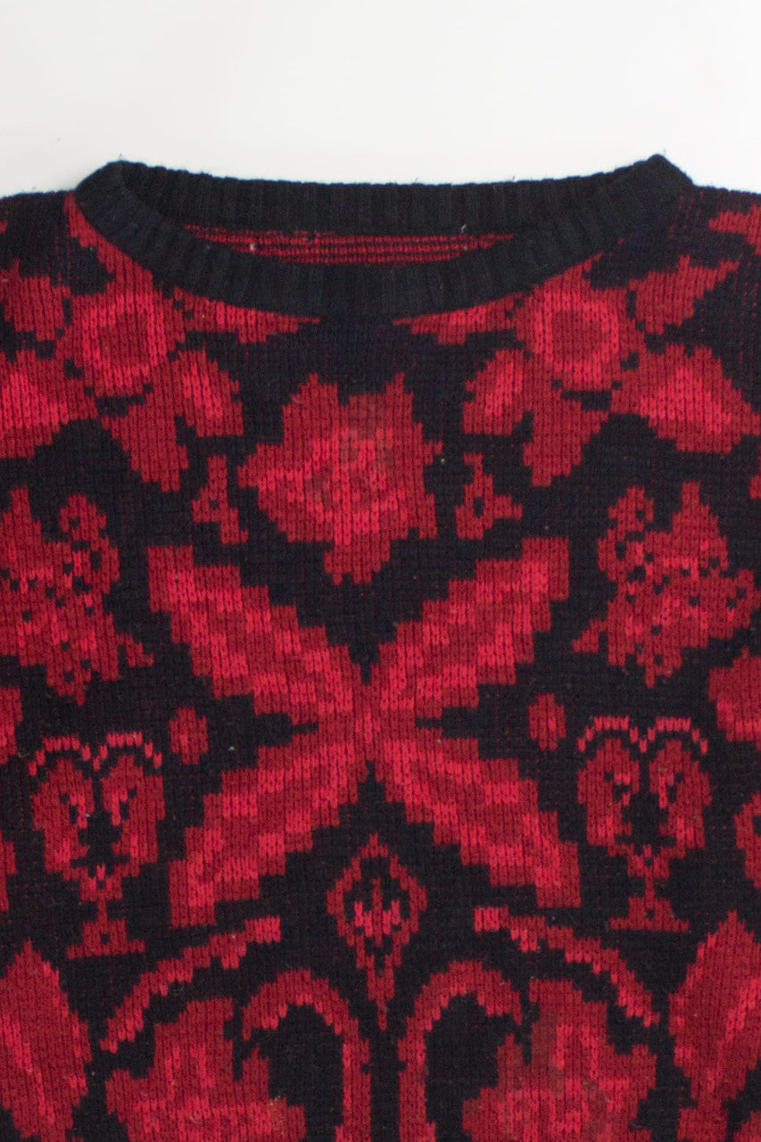 Red Floral Pattern 80s Sweater