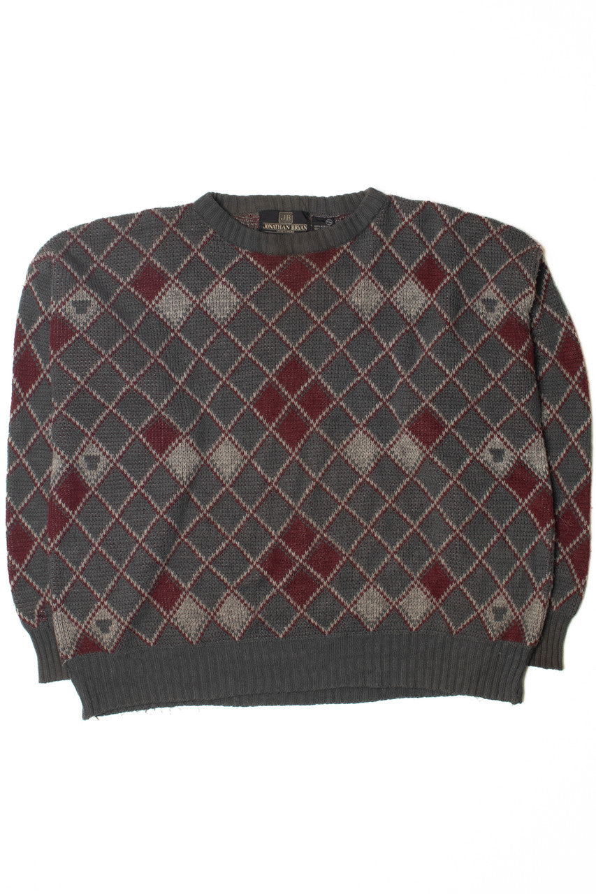 Vintage Gray And Maroon Diamond Pattern 80s Sweater