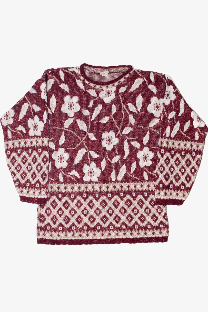 Vintage Red Shimmer Floral Lattice 80s Sweater