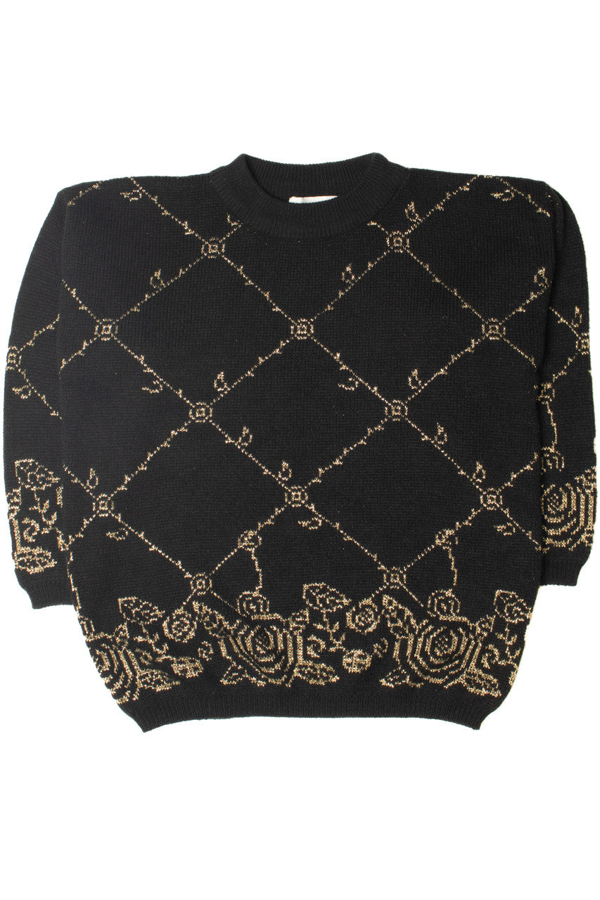 Vintage Gold Shimmer Rose Print 80s Sweater