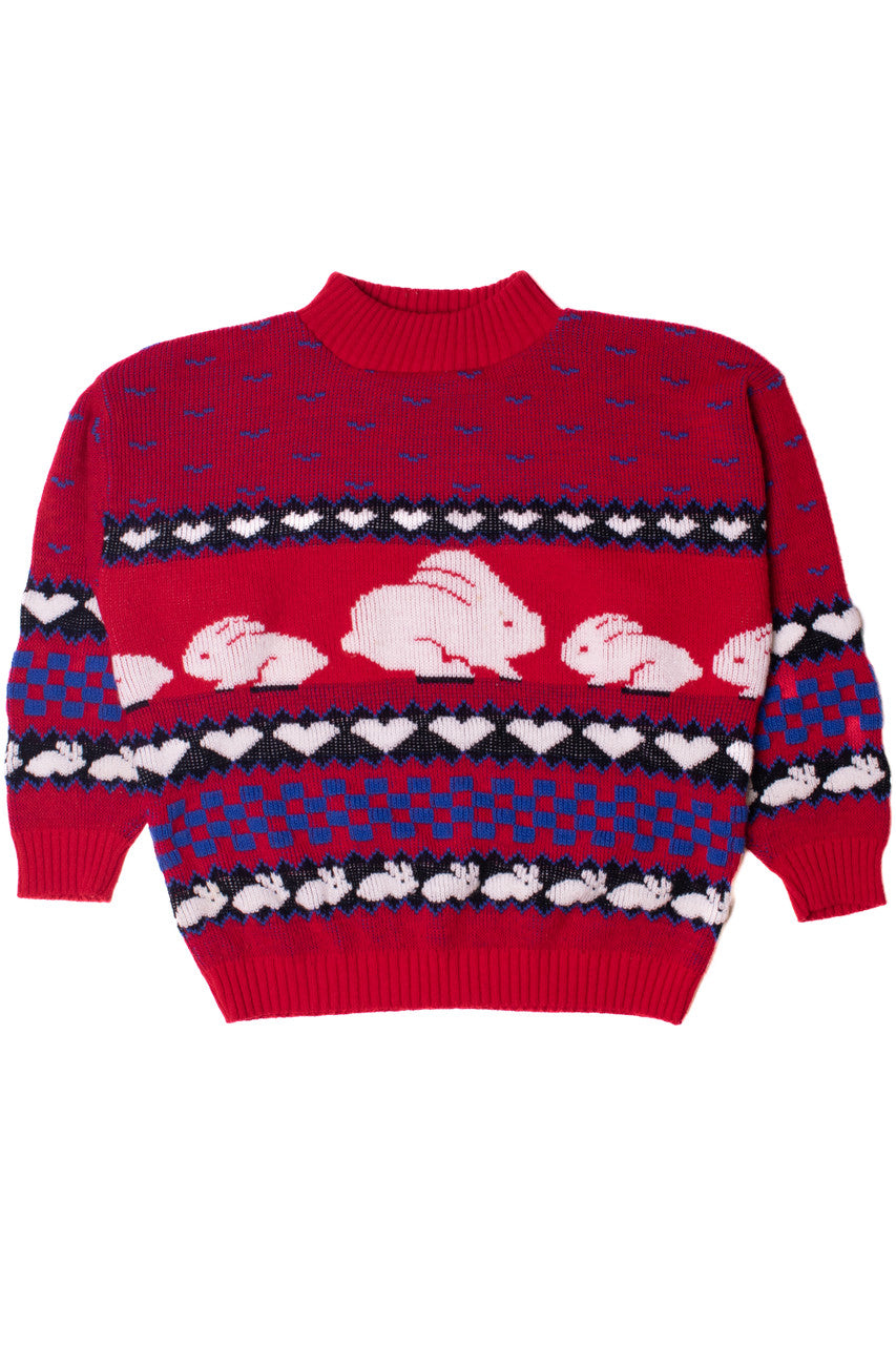 Vintage Bunny Heart Print Spunky 80s Sweater