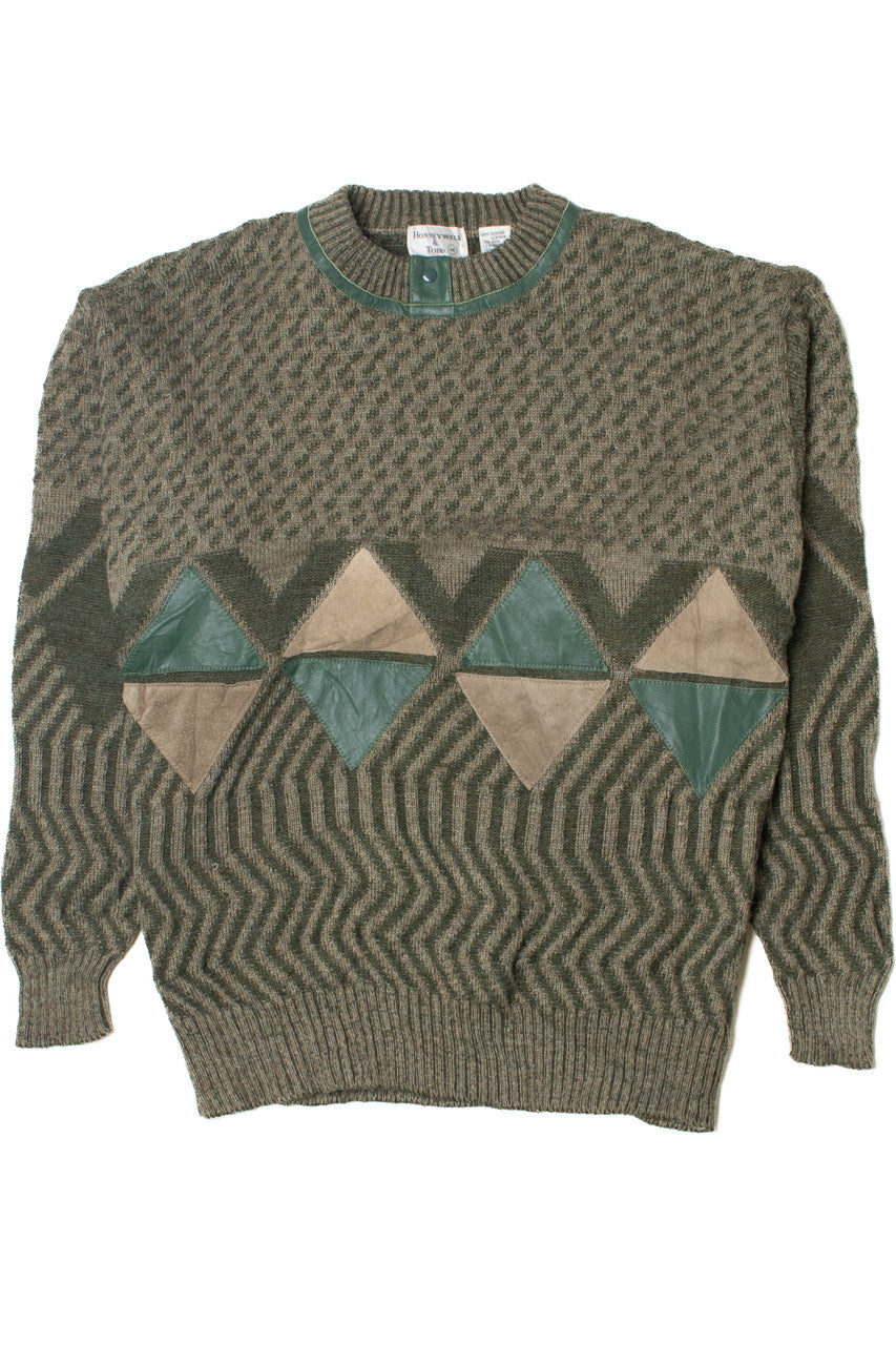 Vintage Leather & Suede Triangle Applique 80s Sweater