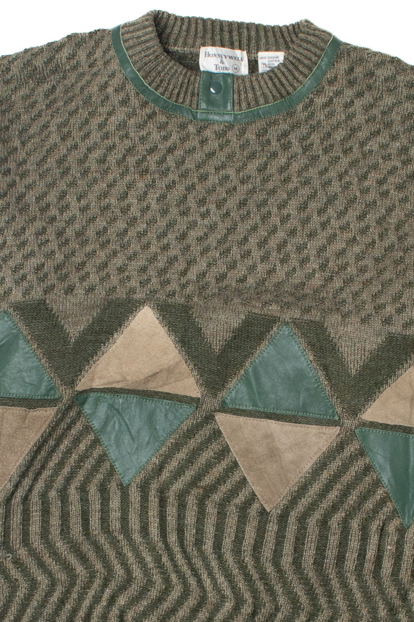 Vintage Leather & Suede Triangle Applique 80s Sweater
