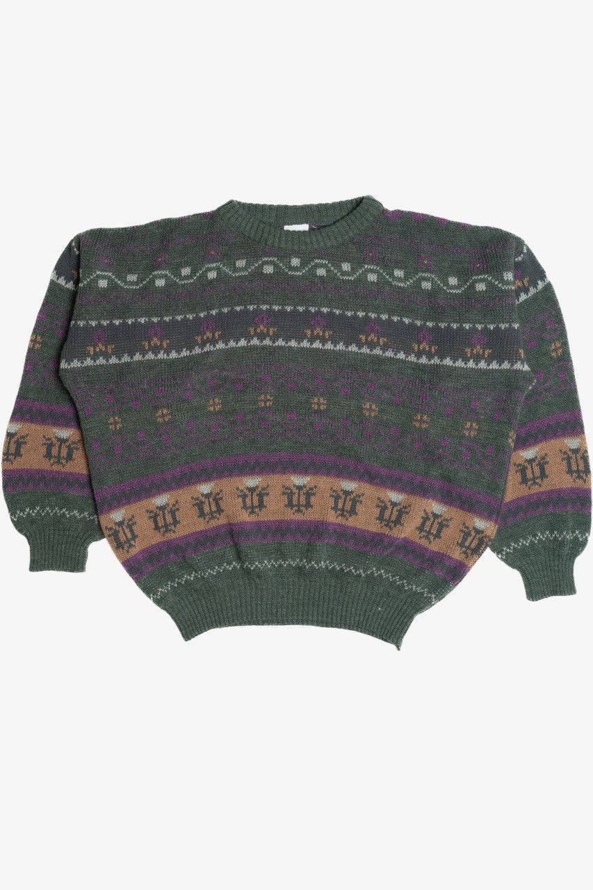 Vintage Green Flower Motif 80s Sweater