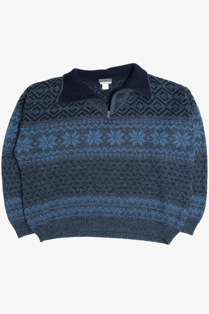 Vintage Basic-Line Quarter Zip Collar Snowflake Knit 80s Sweater