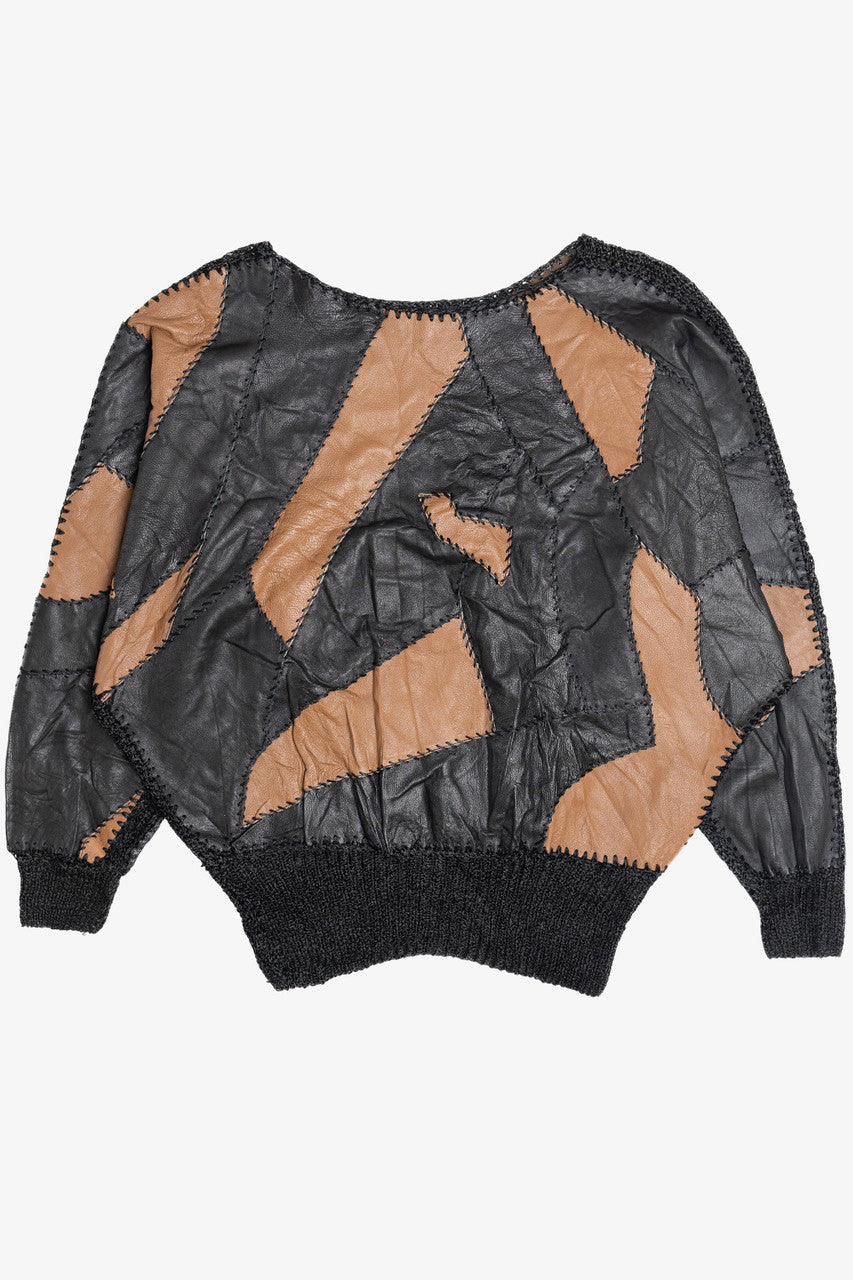 Vintage Leather Crochet Patchwork Batwing 80s Sweater (1980s)