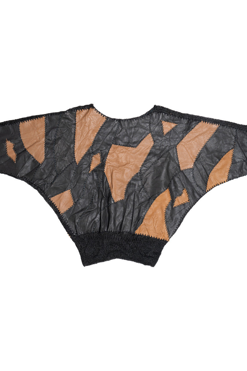 Vintage Leather Crochet Patchwork Batwing 80s Sweater (1980s)