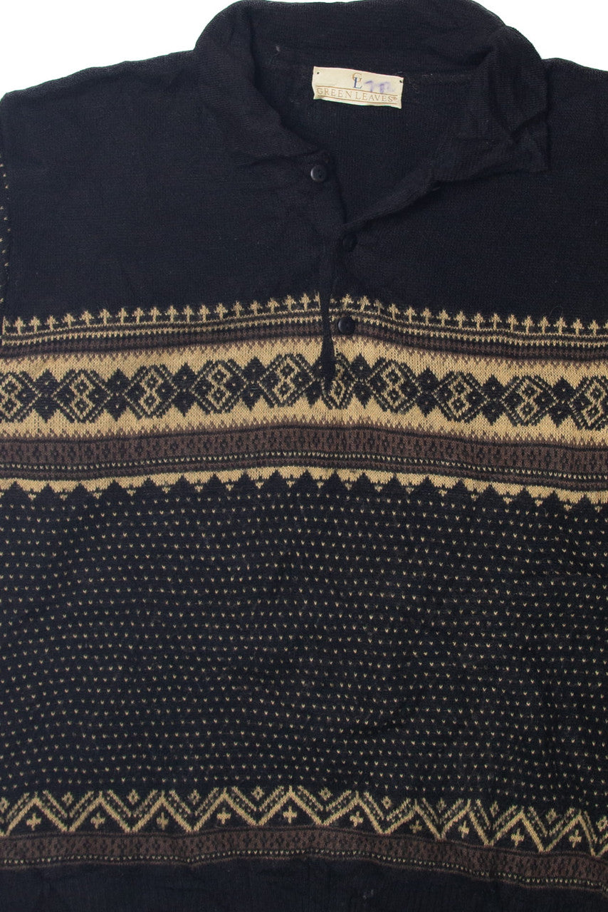Vintage Green Leaves Quarter-Zip 80s Sweater