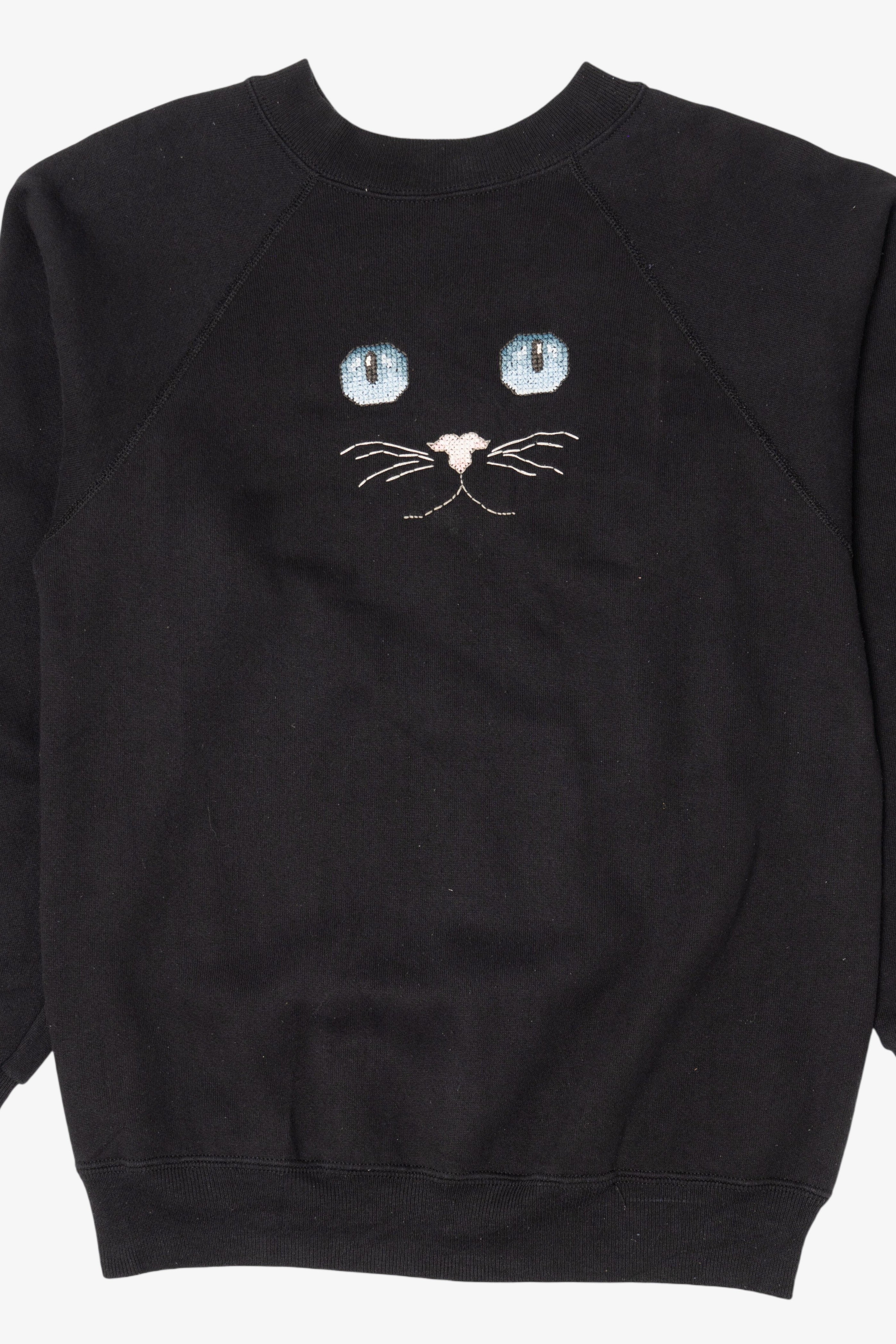 Vintage Pixel Stitch Embroidery Cat Face Raglan Sweatshirt (1990s)