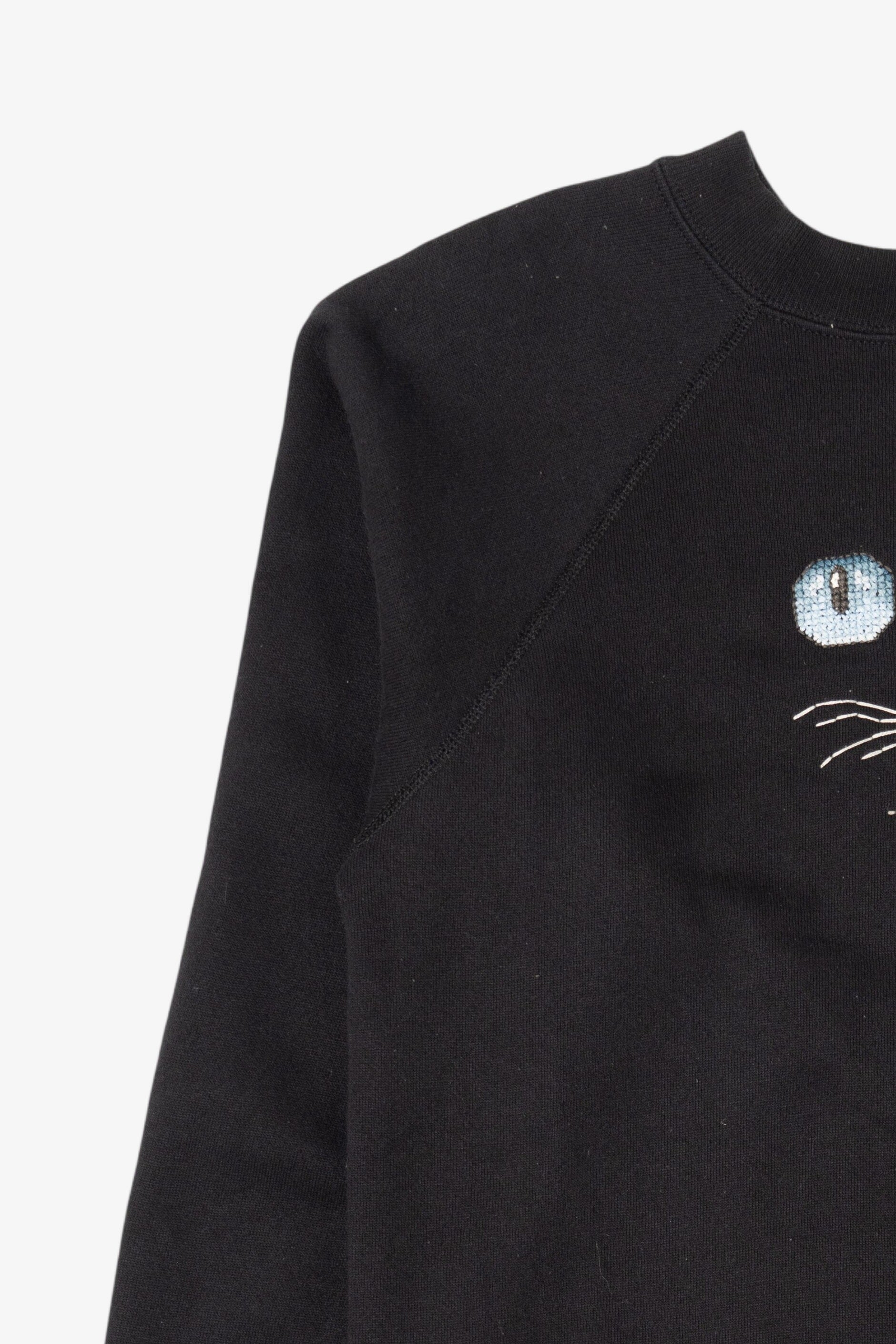 Vintage Pixel Stitch Embroidery Cat Face Raglan Sweatshirt (1990s)