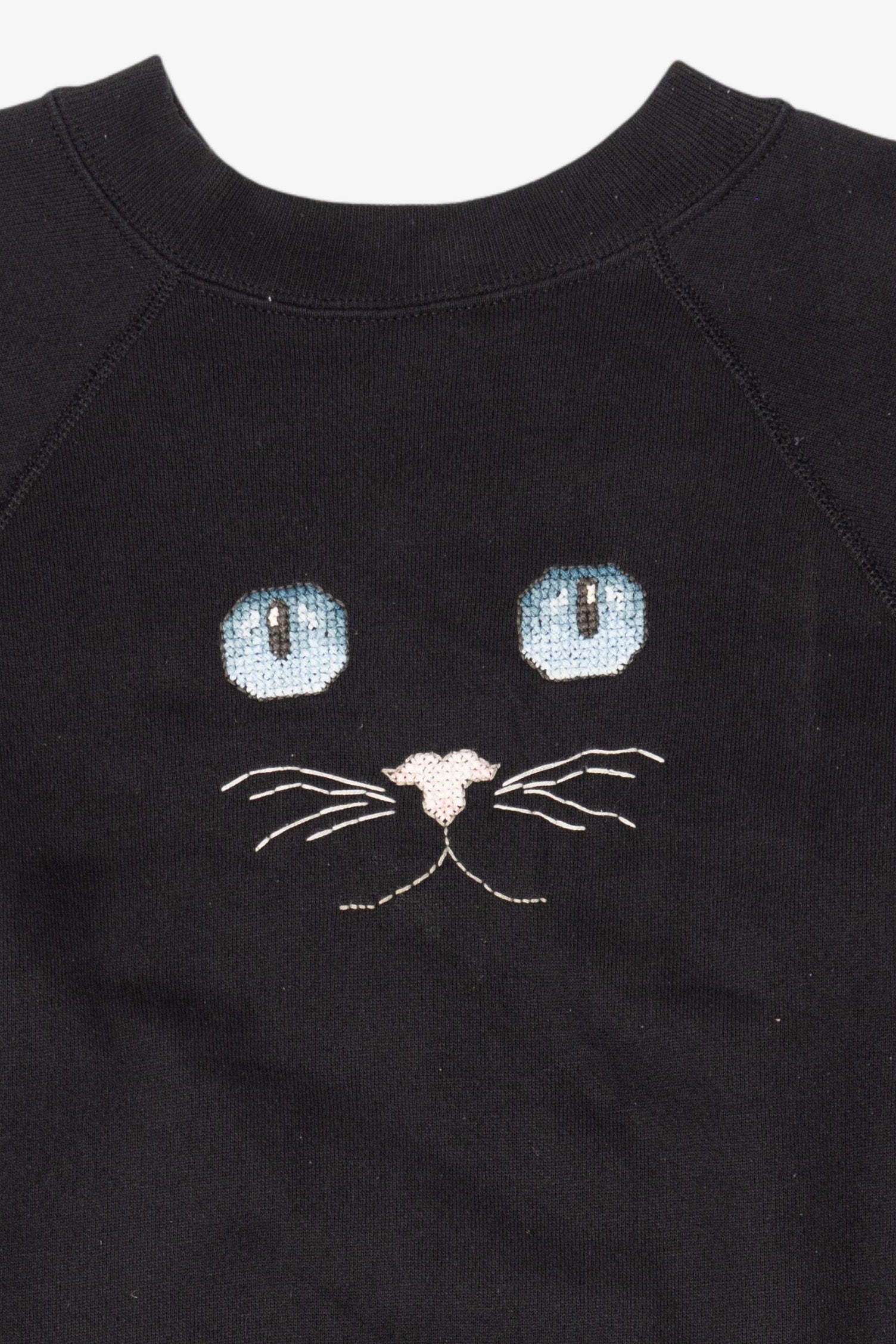 Vintage Pixel Stitch Embroidery Cat Face Raglan Sweatshirt (1990s)