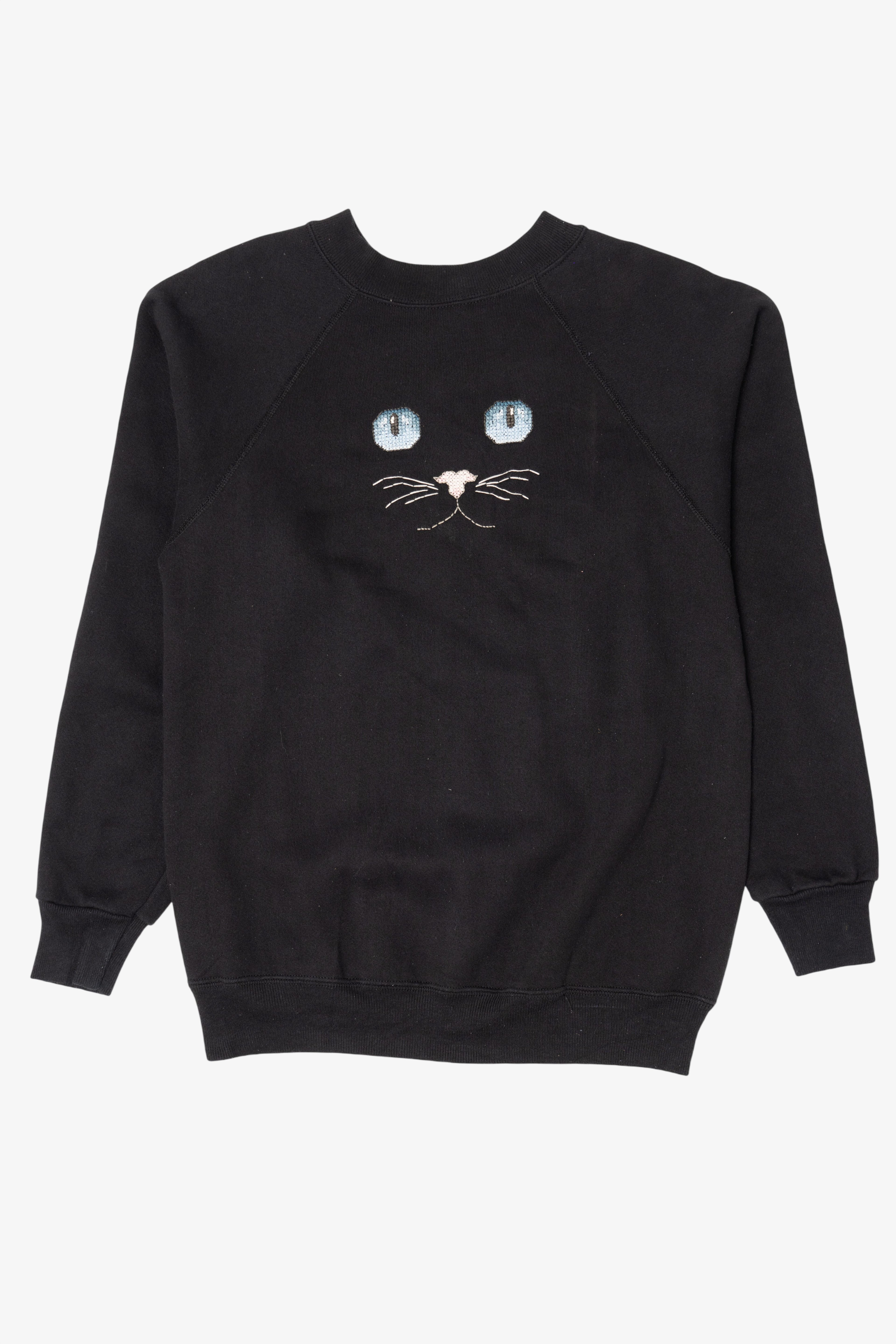 Vintage Pixel Stitch Embroidery Cat Face Raglan Sweatshirt (1990s)