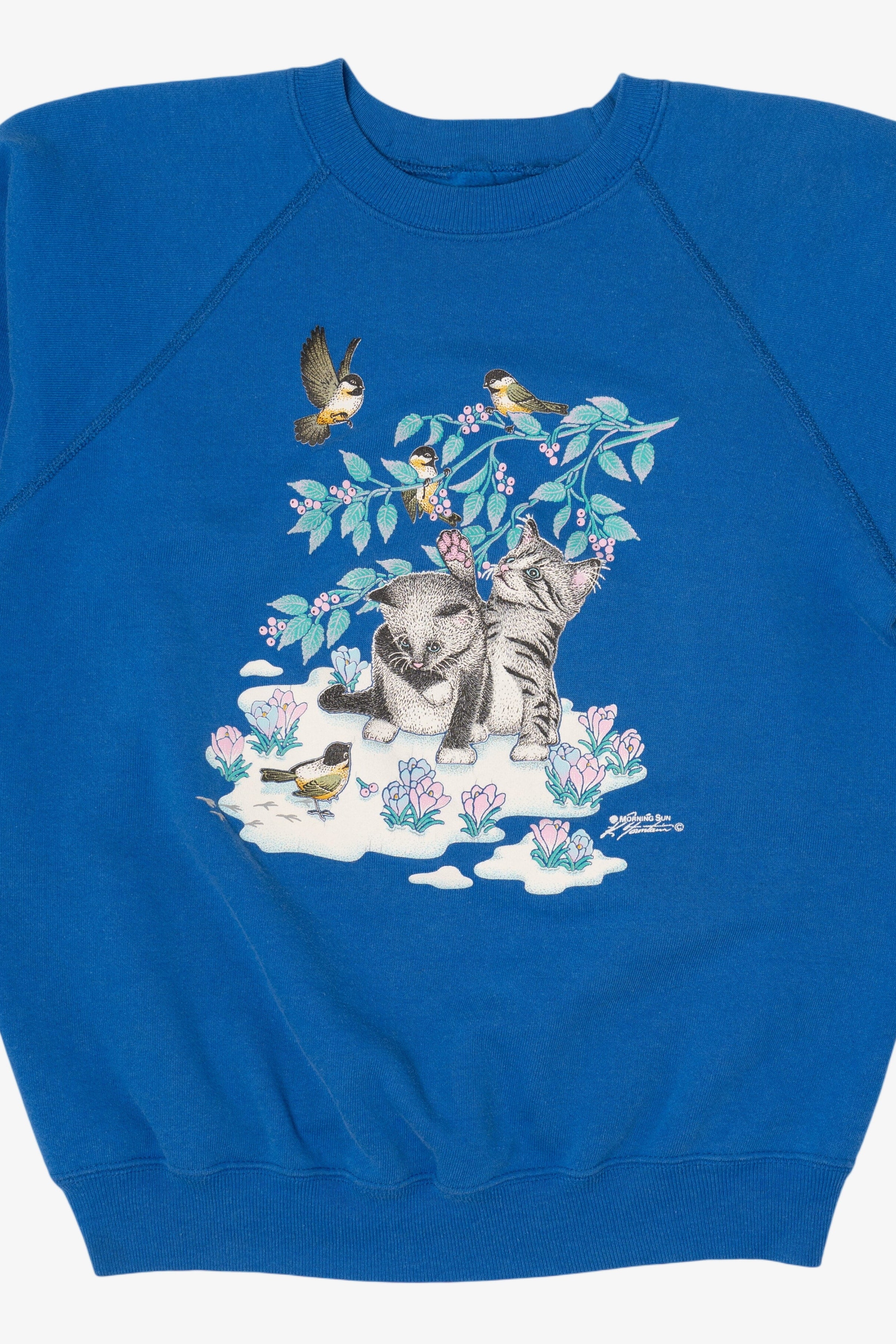 Vintage Blue Kittens And Birds Morning Sun Raglan Sweatshirt (1990s)
