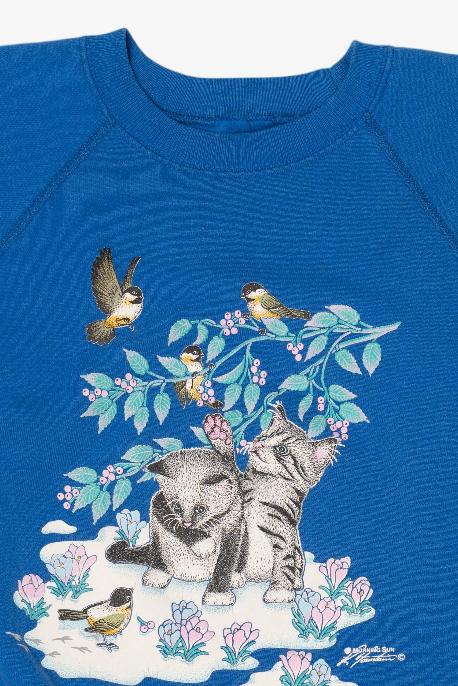 Vintage Blue Kittens And Birds Morning Sun Raglan Sweatshirt (1990s)