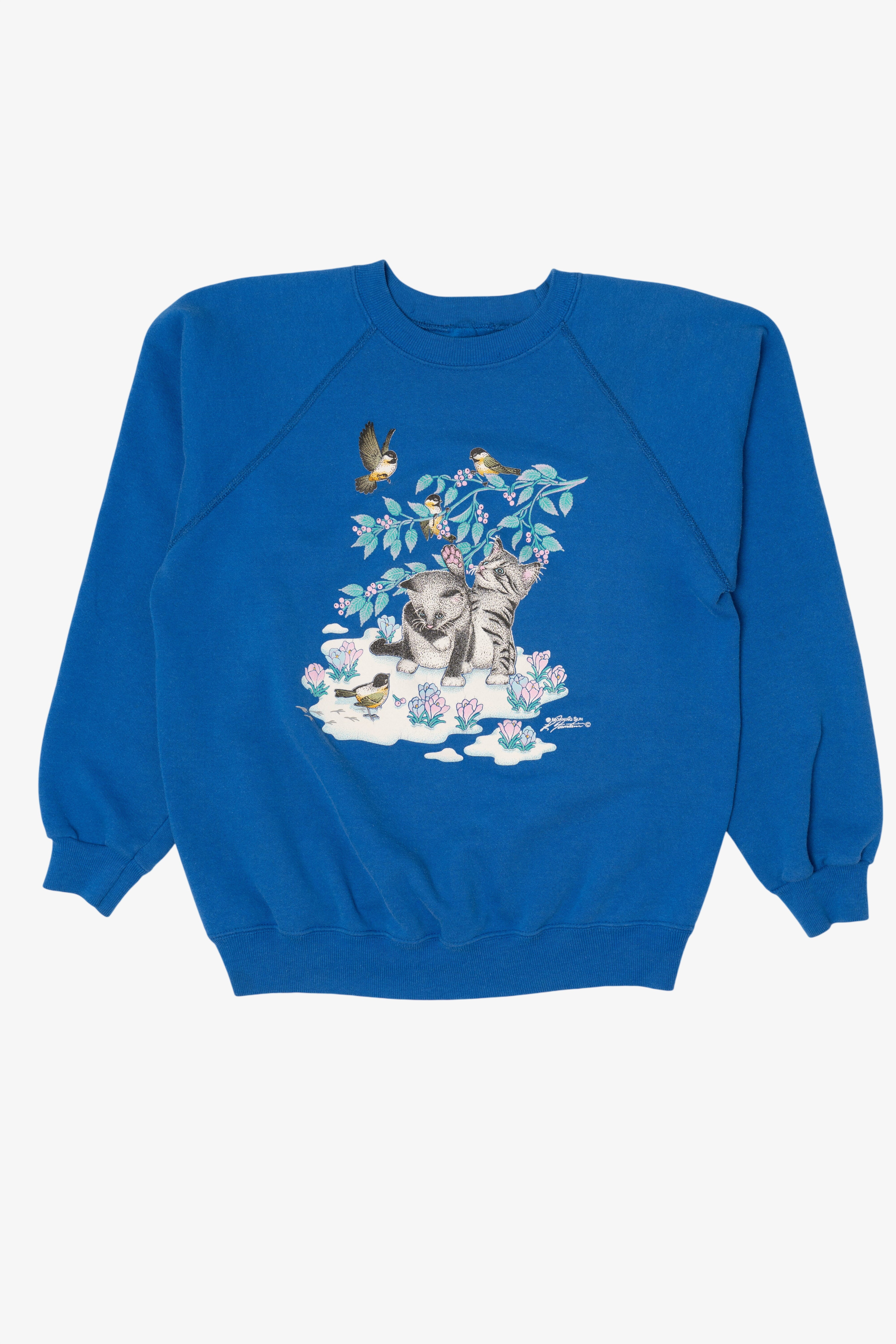 Vintage Blue Kittens And Birds Morning Sun Raglan Sweatshirt (1990s)
