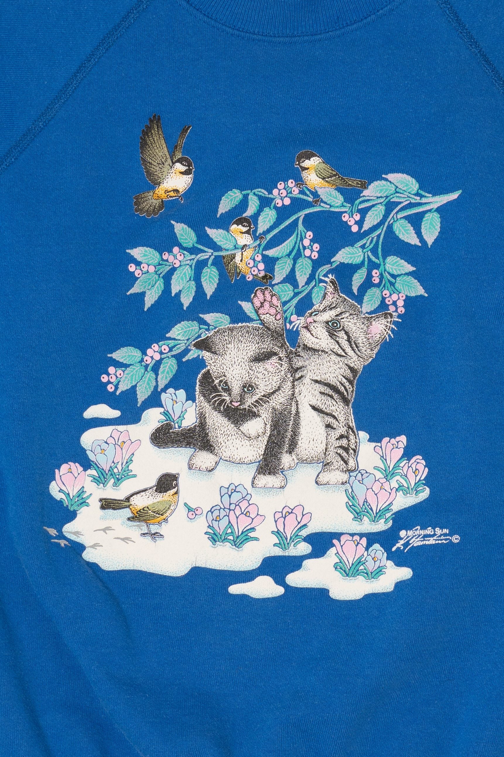 Vintage Blue Kittens And Birds Morning Sun Raglan Sweatshirt (1990s)
