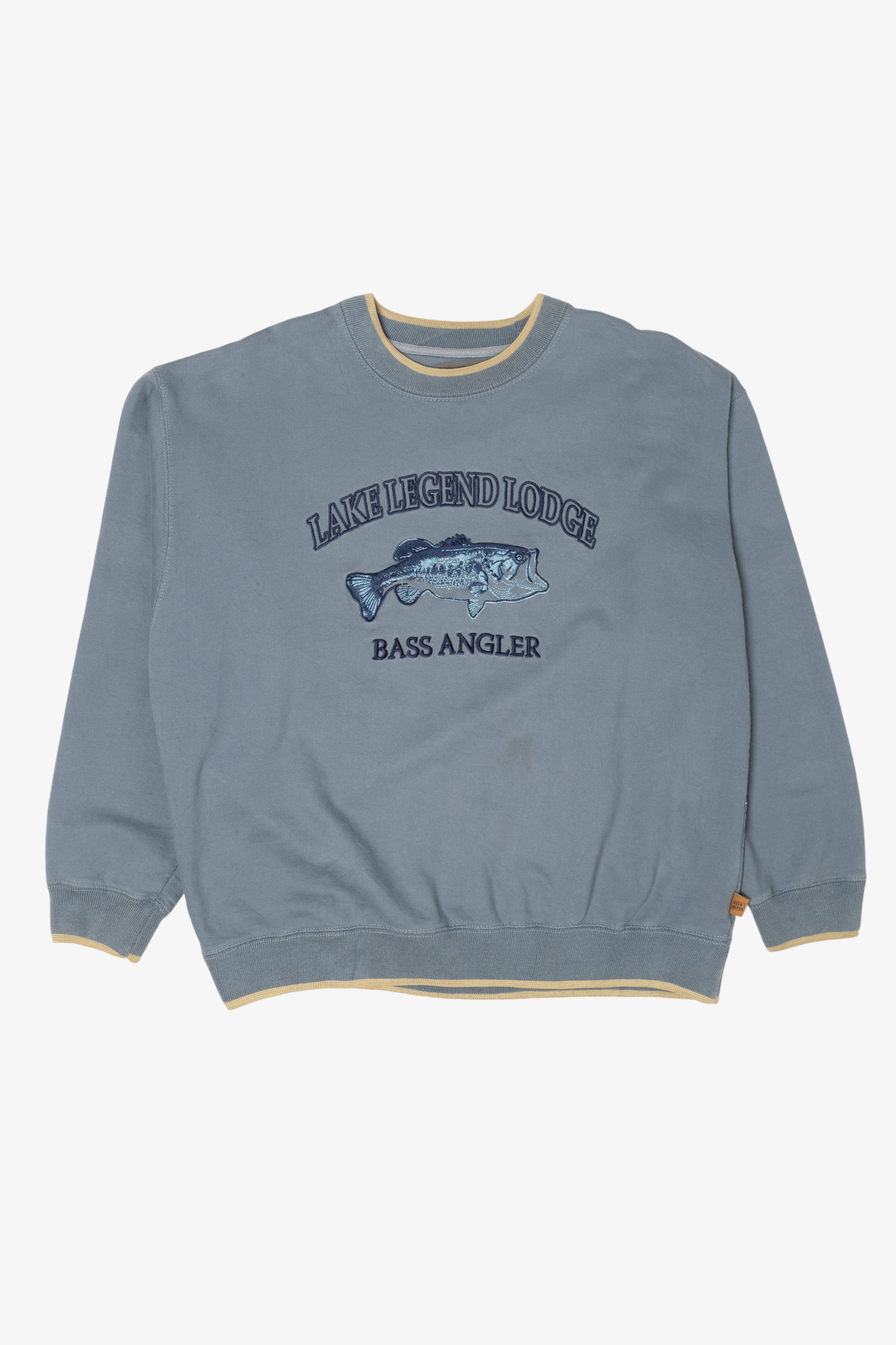 Vintage Light Blue "Lake Legend Lodge Bass Angler" Fish Sweatshirt (1990s)