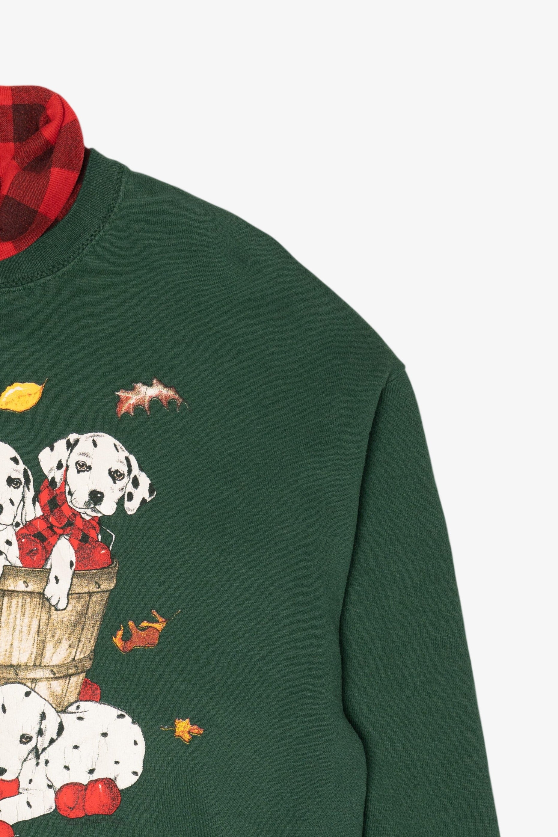 Vintage Dark Green Dalmatians Autumn Apples Plaid Turtleneck Sweatshirt (1990s)