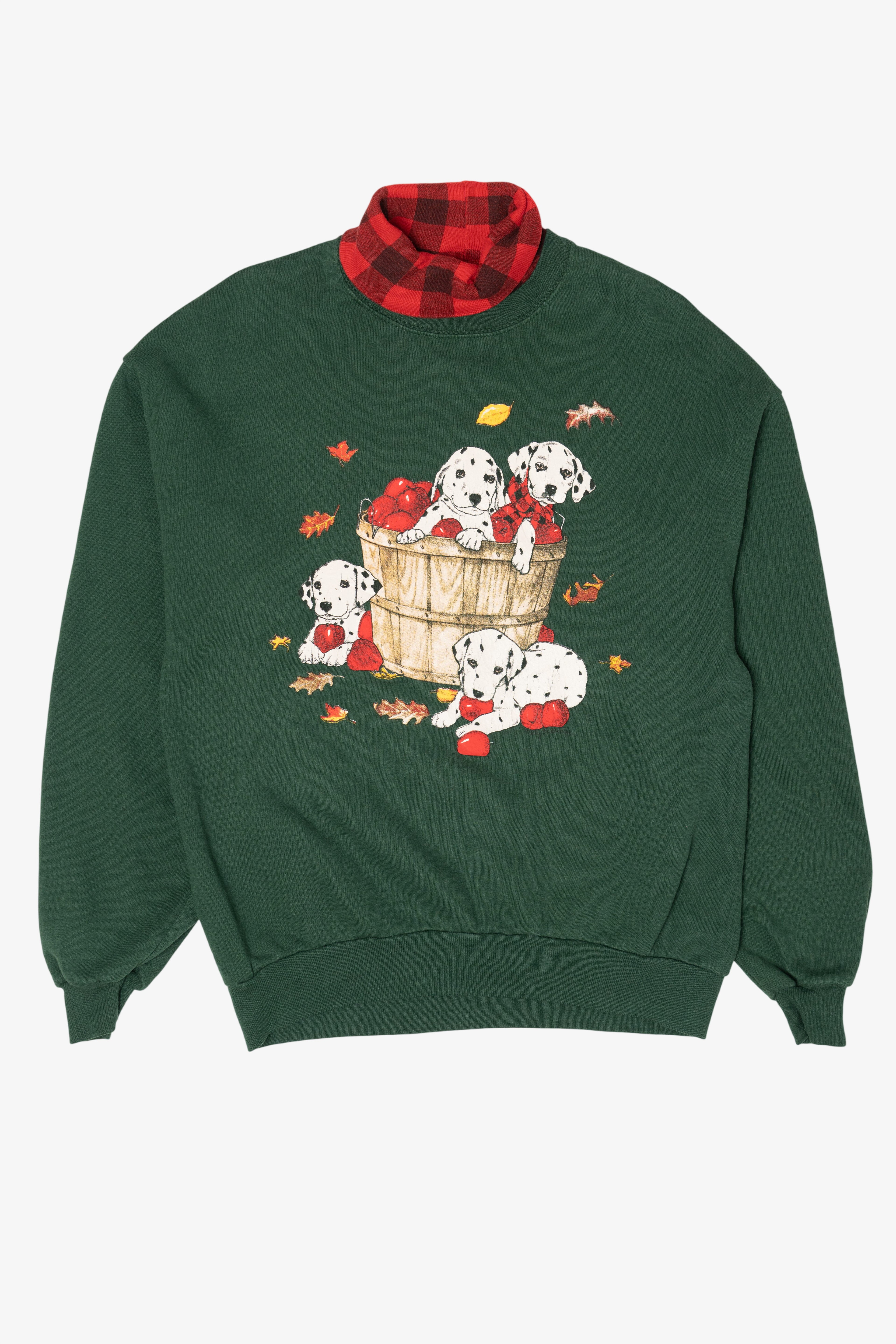 Vintage Dark Green Dalmatians Autumn Apples Plaid Turtleneck Sweatshirt (1990s)