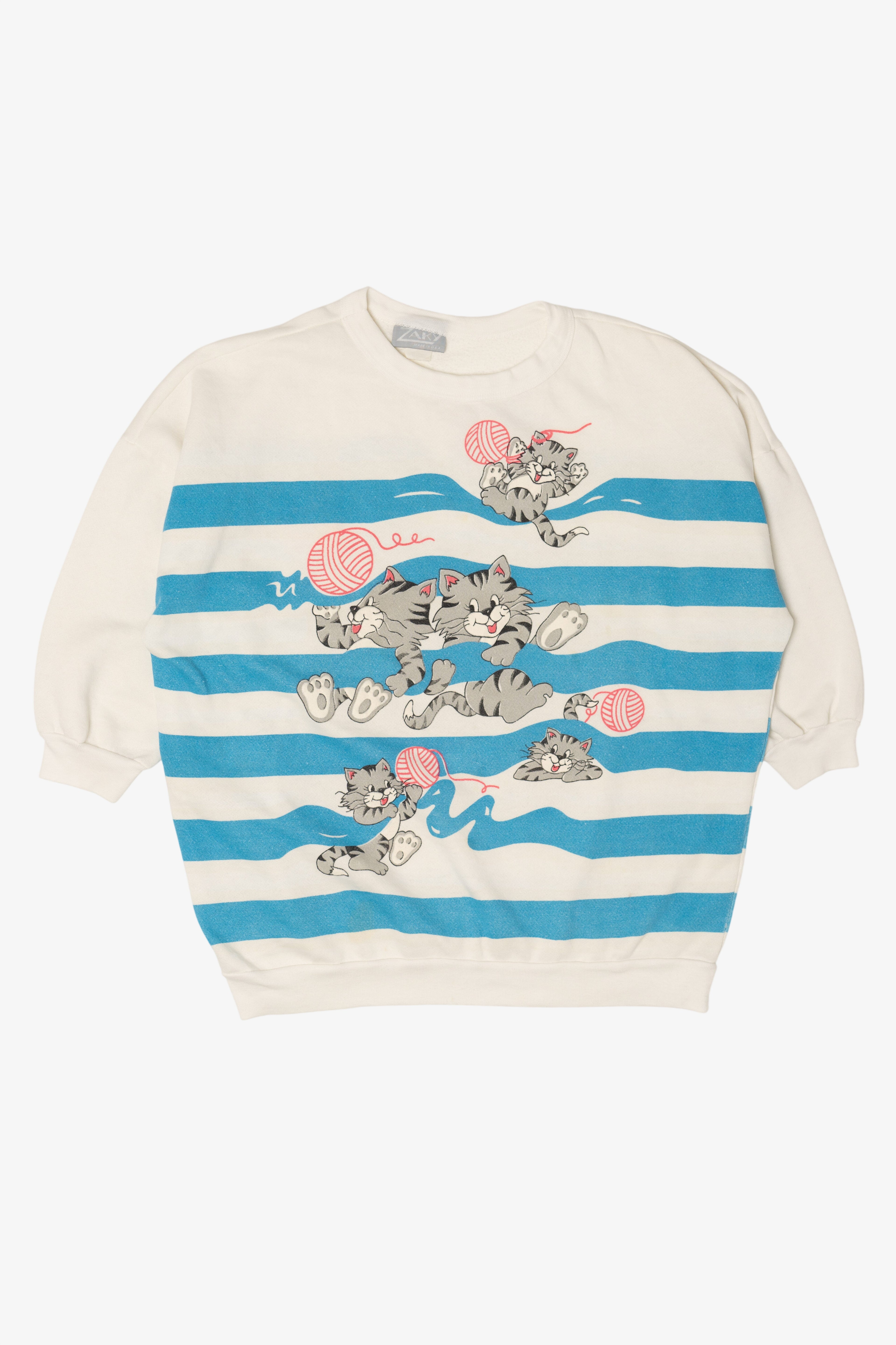 Vintage Striped Cats Playing With Yarn Front/Back Sweatshirt (1980s)