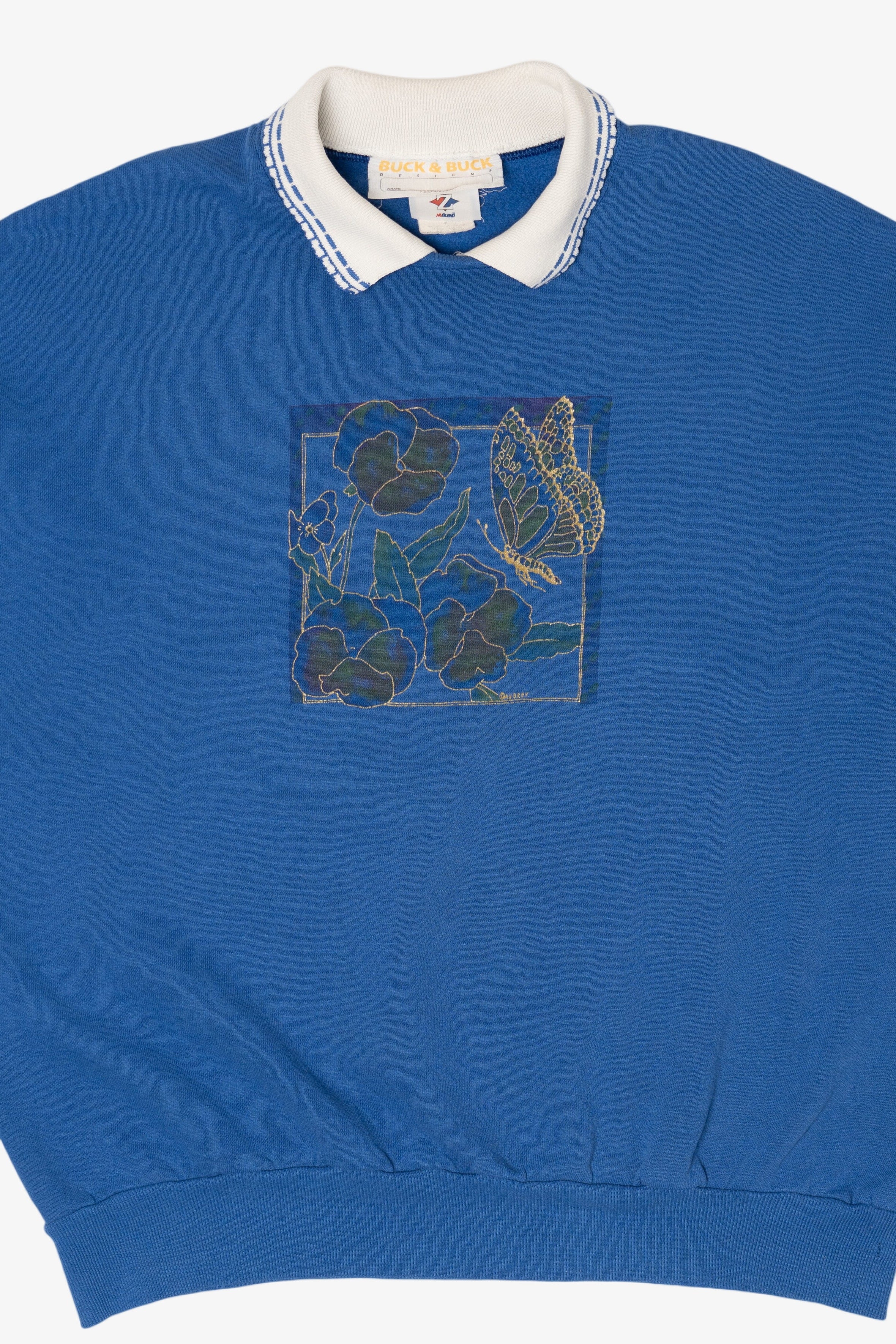 Vintage Blue Butterfly On Flowers Collared Sweatshirt (1990s)