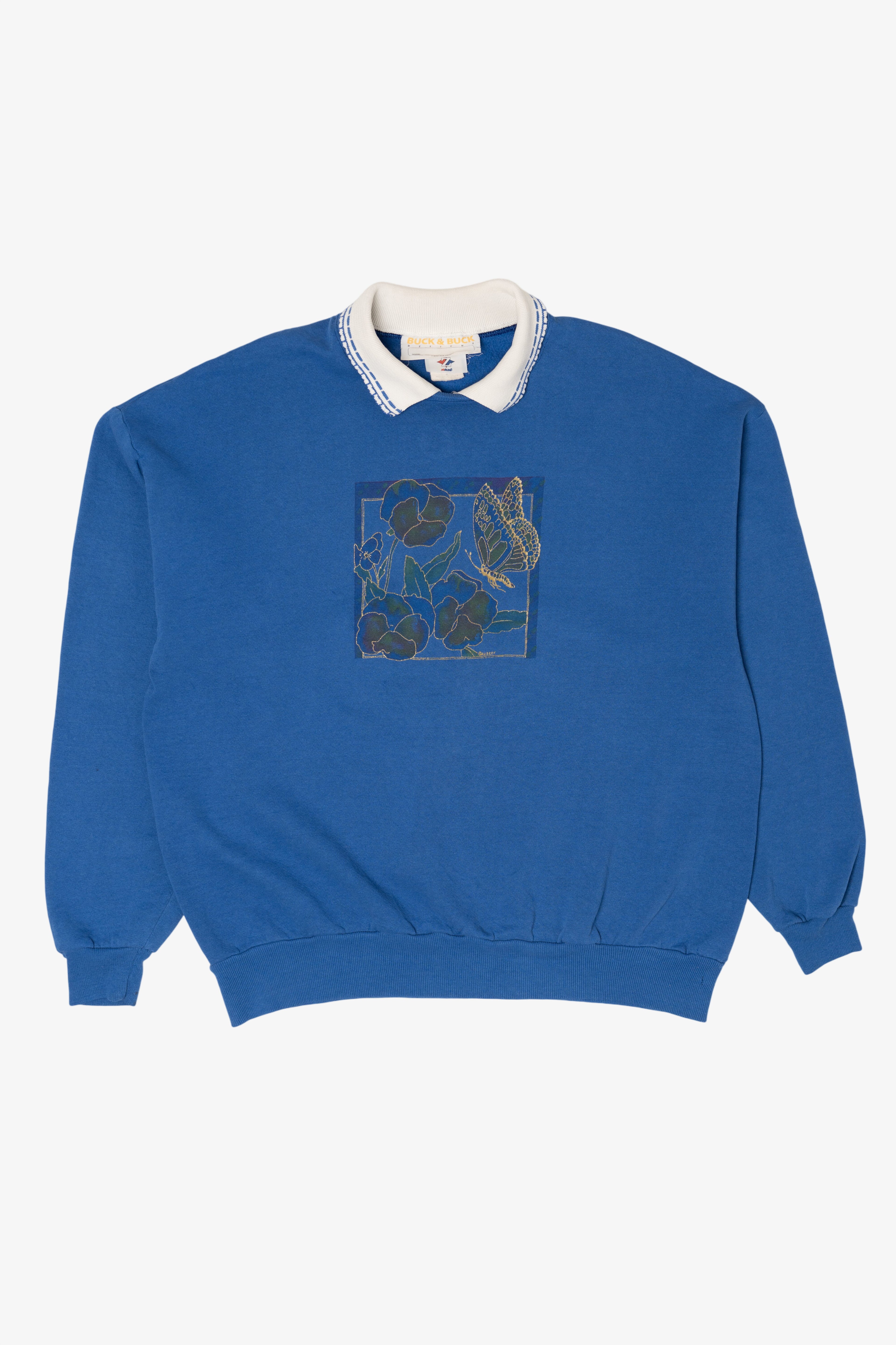 Vintage Blue Butterfly On Flowers Collared Sweatshirt (1990s)