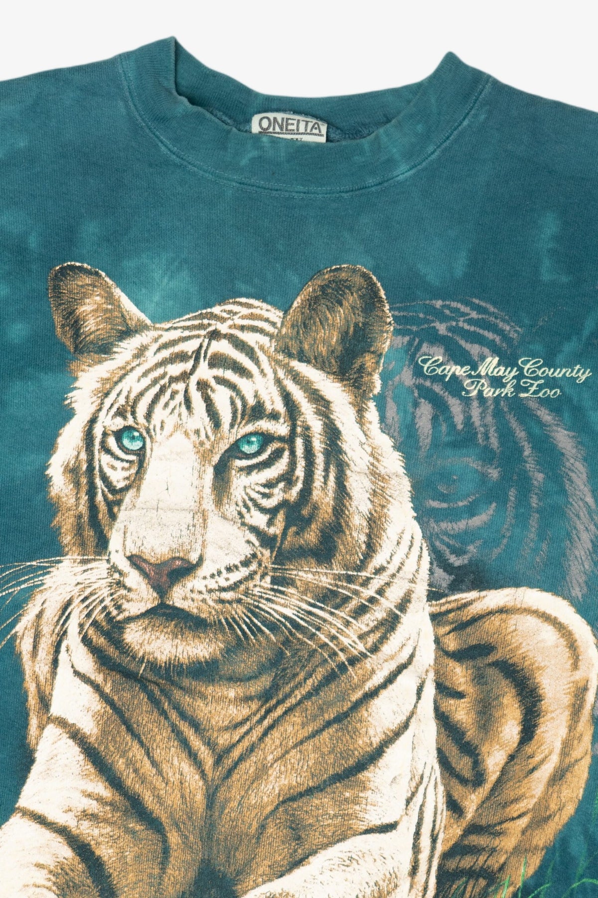 Vintage Teal Tie Dye White Tiger Cape May County Park Zoo Sweatshirt (1990s)