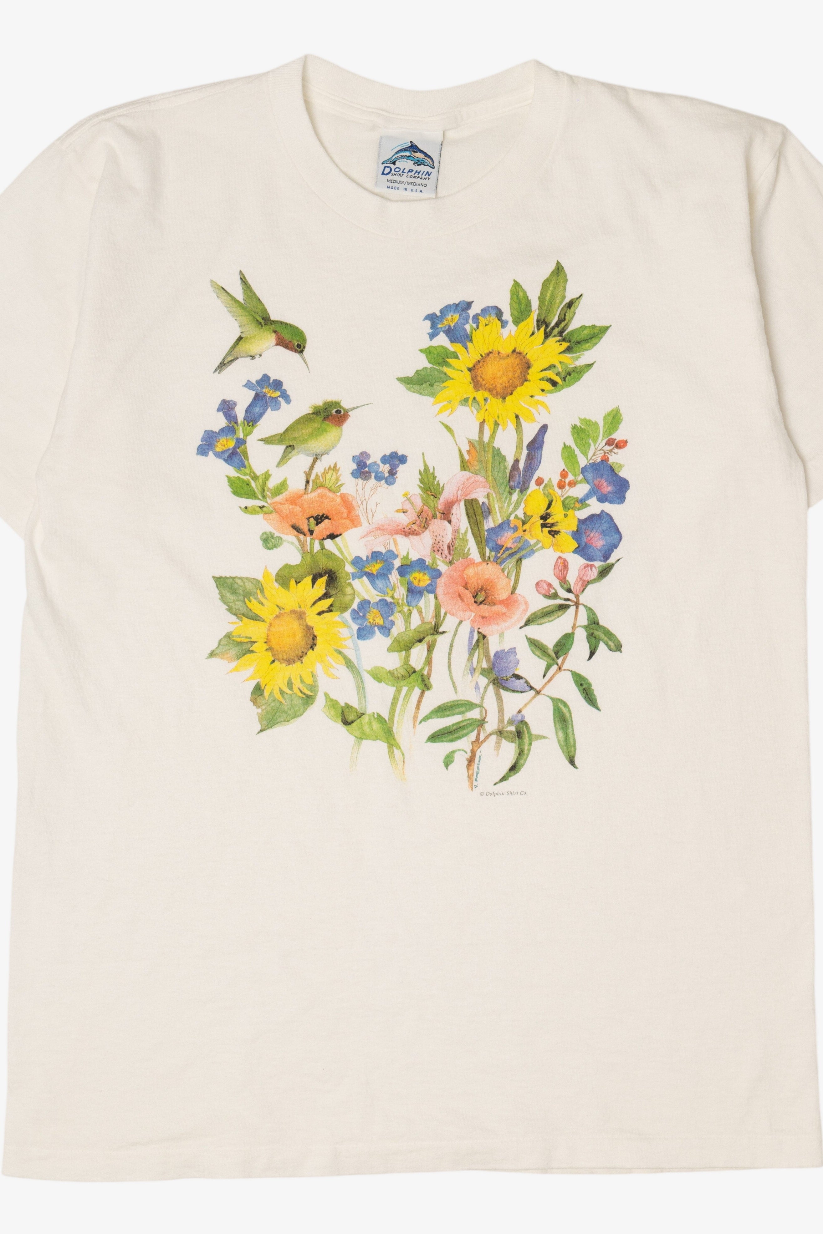 Vintage Hummingbirds And Flowers Dolphin Single Stitch T-Shirt (1990s)