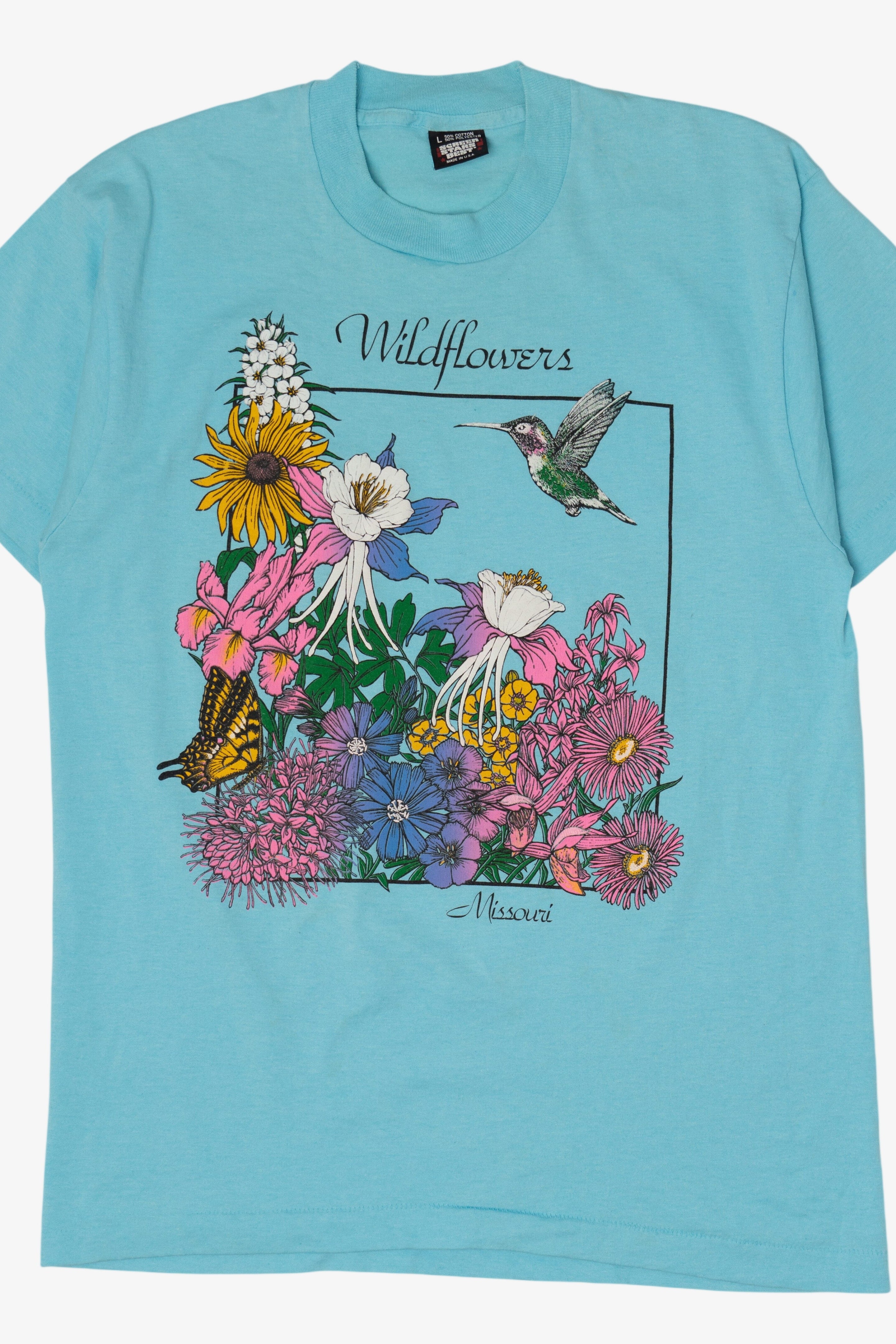 Vintage Blue "Wildflowers" Missouri Hummingbird T-Shirt (1990s)