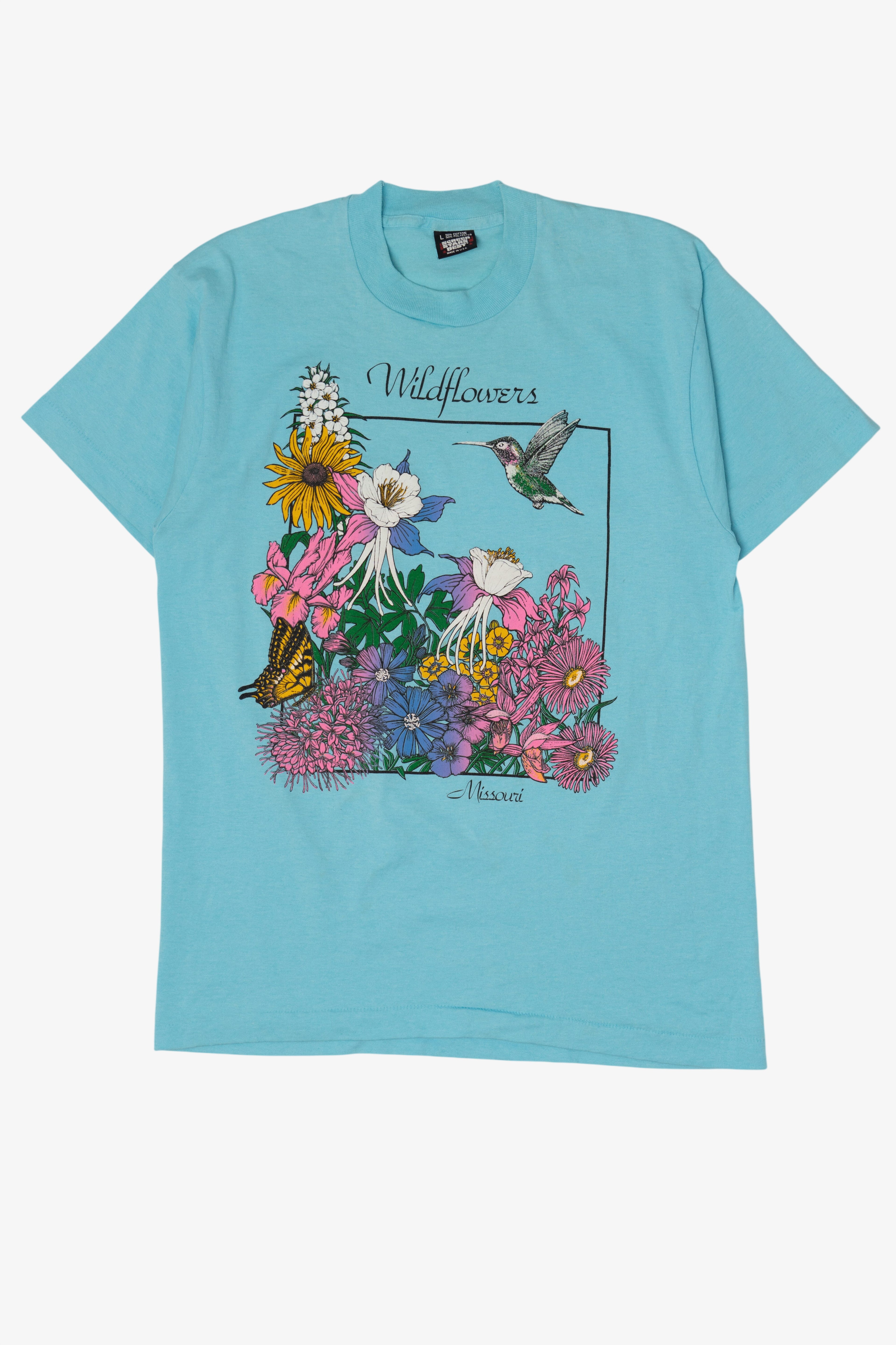 Vintage Blue "Wildflowers" Missouri Hummingbird T-Shirt (1990s)