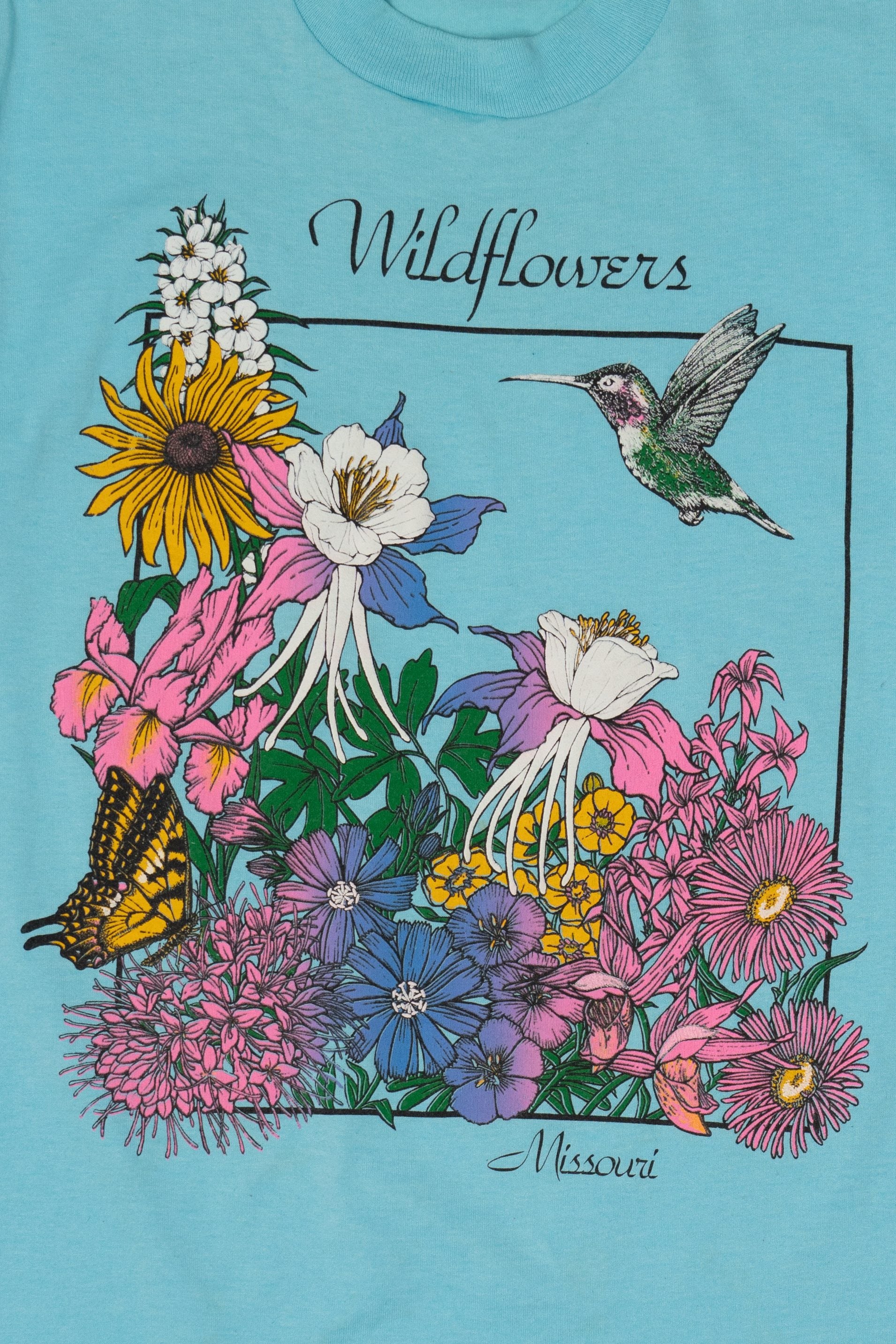 Vintage Blue "Wildflowers" Missouri Hummingbird T-Shirt (1990s)