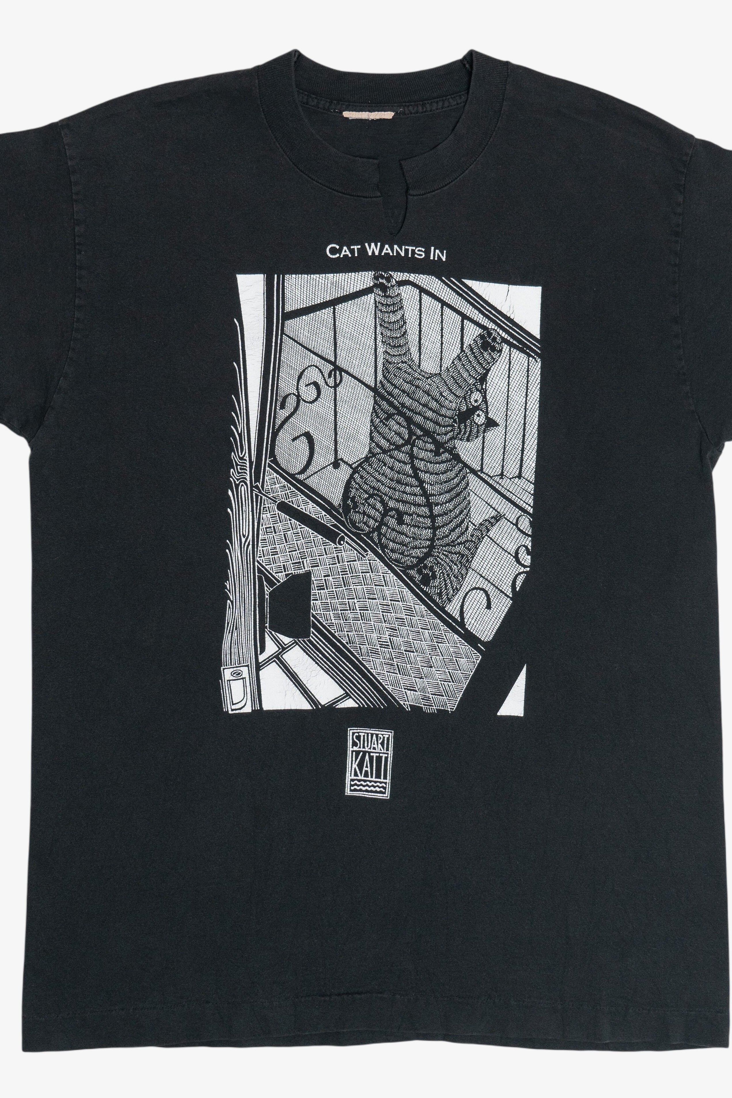 Vintage Stuart Katt "Cat Wants In" "Cat Wants Out" Double Sided Comic T-Shirt (1990s)