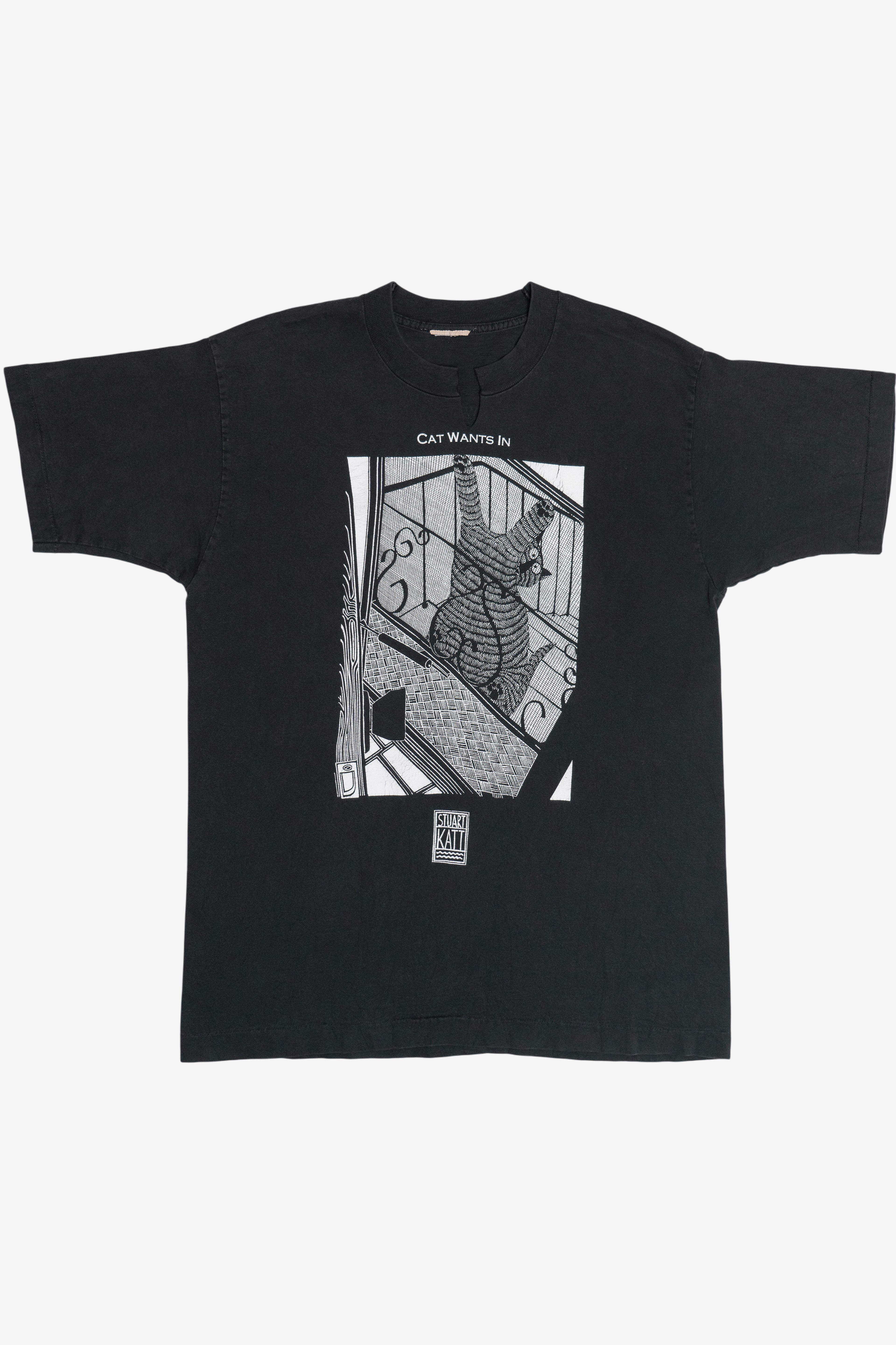 Vintage Stuart Katt "Cat Wants In" "Cat Wants Out" Double Sided Comic T-Shirt (1990s)