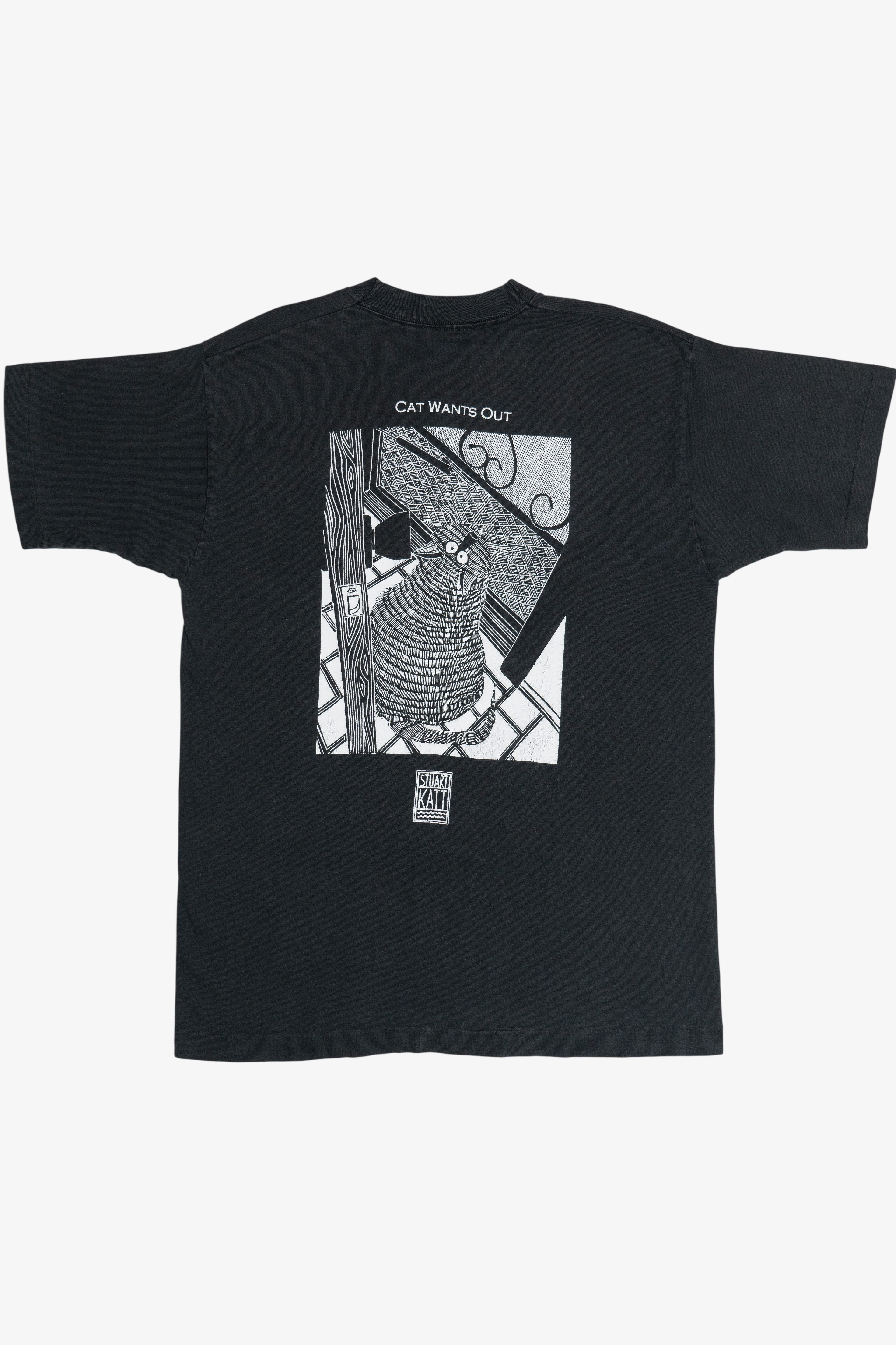 Vintage Stuart Katt "Cat Wants In" "Cat Wants Out" Double Sided Comic T-Shirt (1990s)