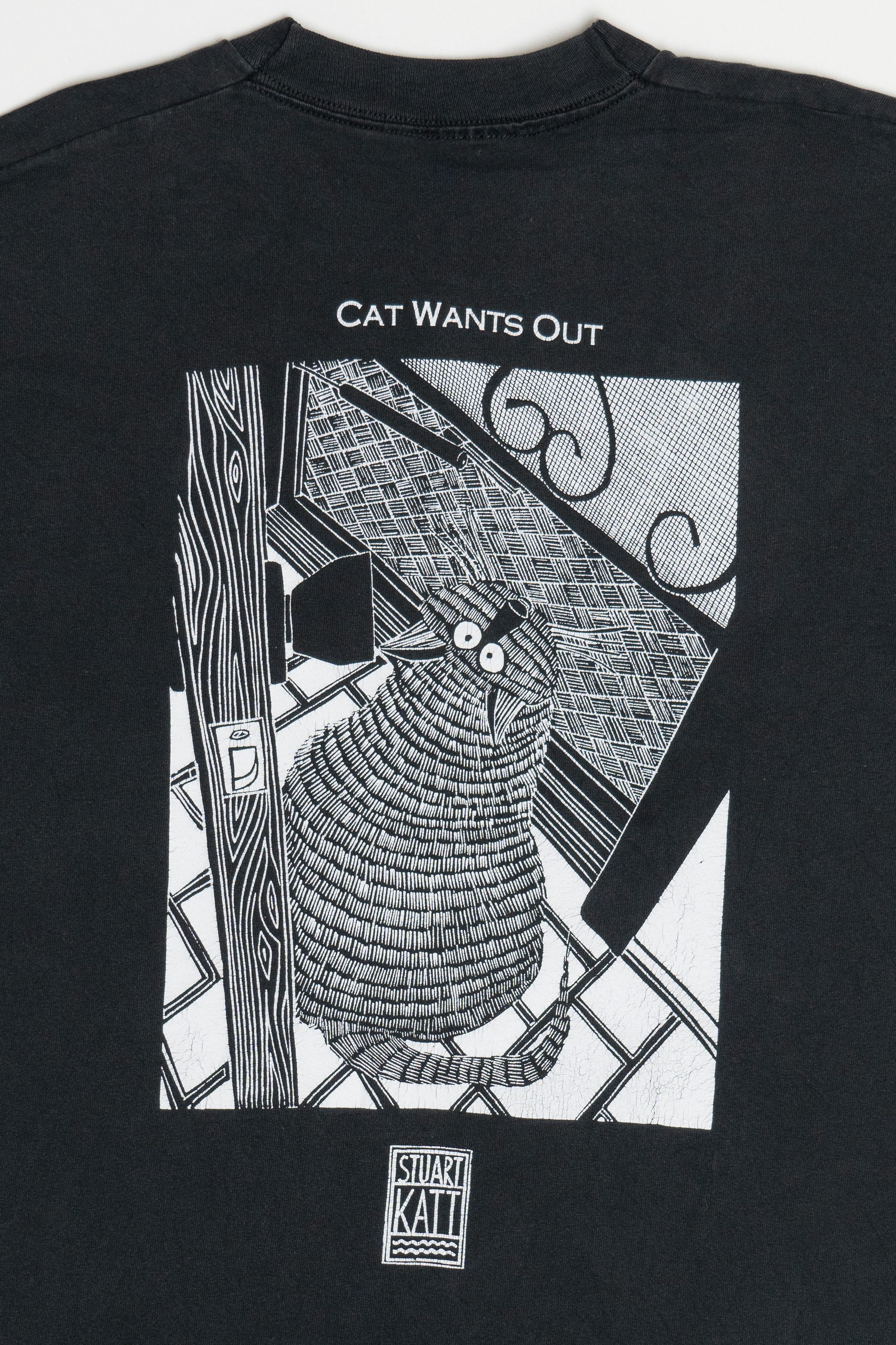 Vintage Stuart Katt "Cat Wants In" "Cat Wants Out" Double Sided Comic T-Shirt (1990s)