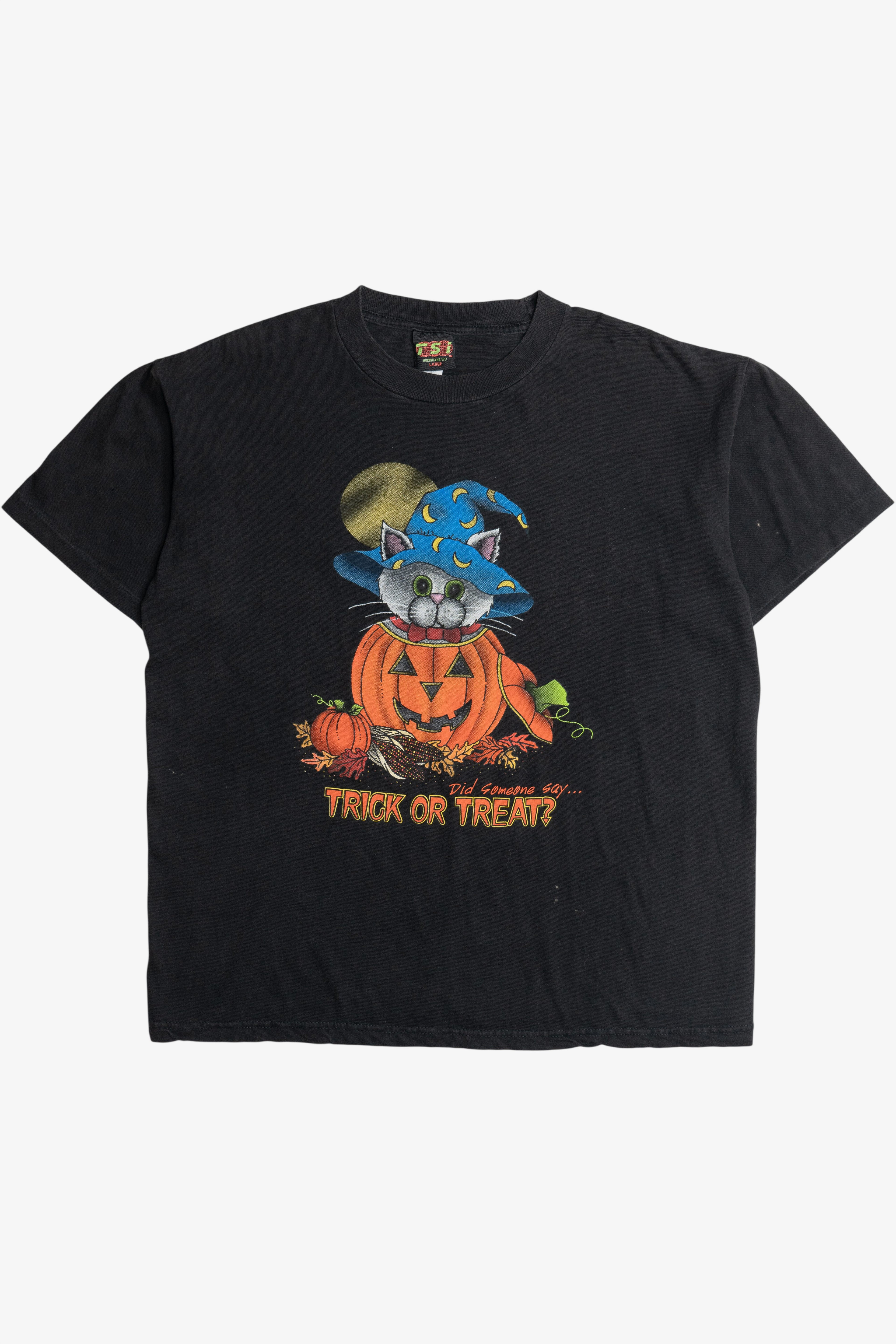 Vintage Distressed "Trick Or Treat?" Witchy Cat Halloween T-Shirt (1990s)