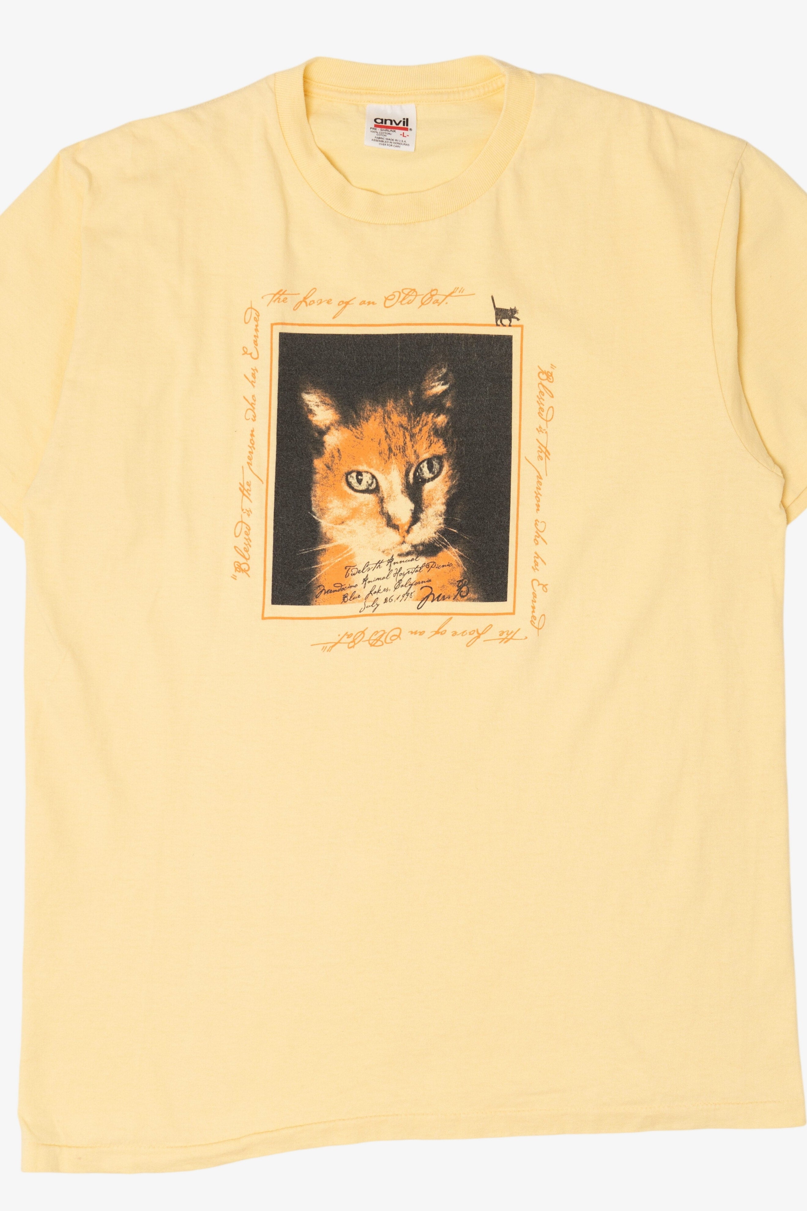 Vintage Yellow "The Love Of An Old Cat" Single Stitch T-Shirt (1990s)