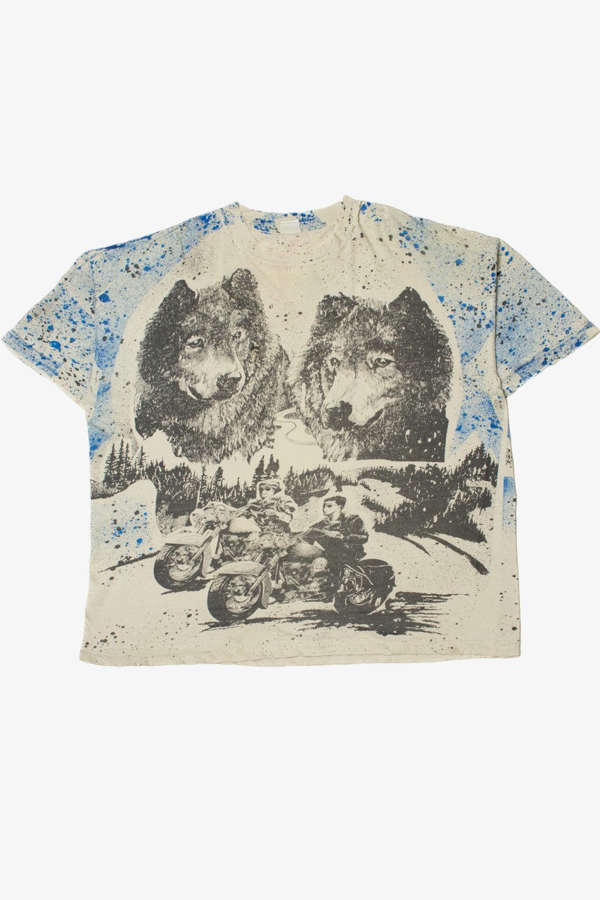 Vintage Two Wolves & Bikers Landscape All Over Print T-Shirt