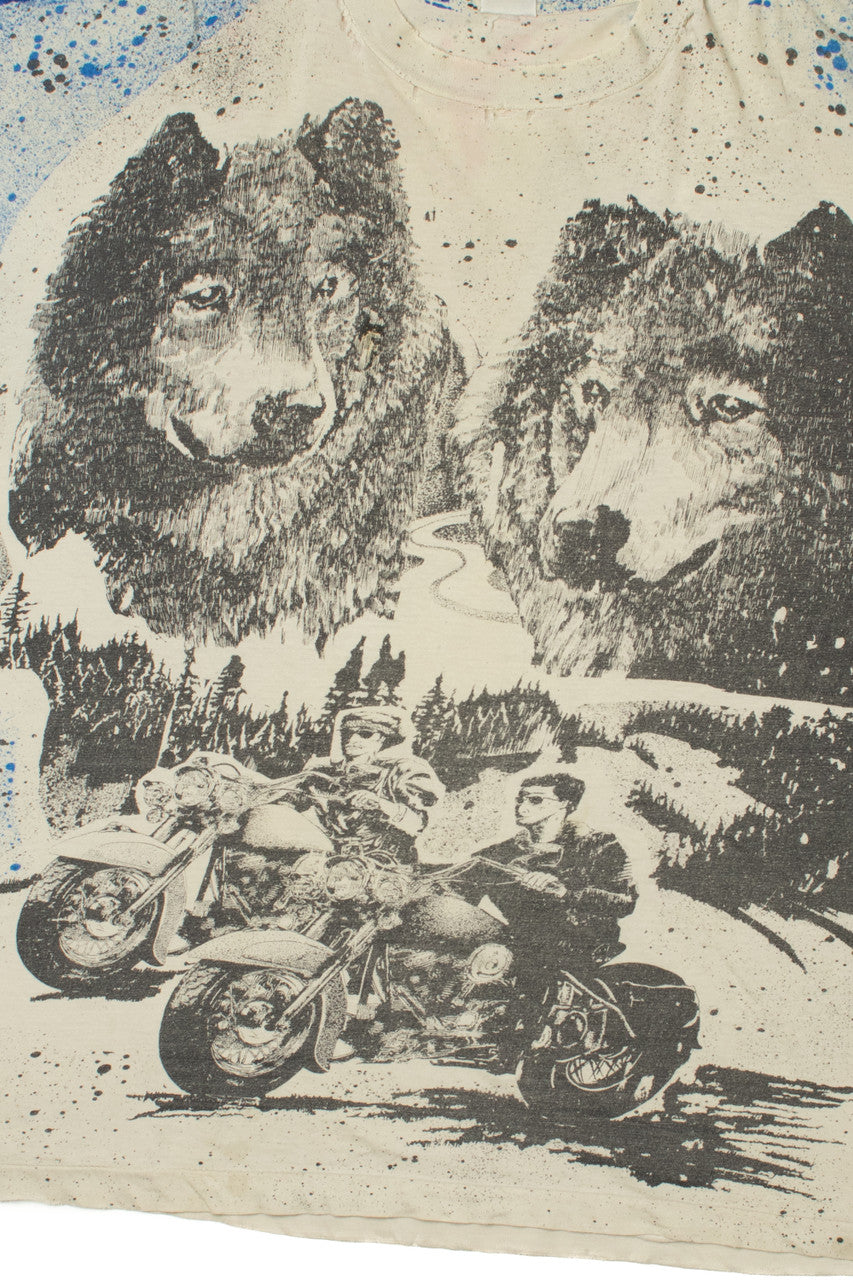 Vintage Two Wolves & Bikers Landscape All Over Print T-Shirt