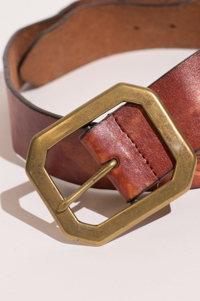 Brass Buckle Etched Leather Belt