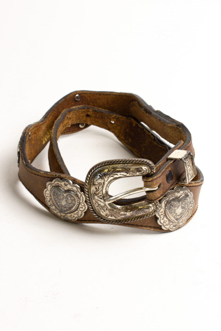 Vintage Wavy Heart Studded Leather Belt