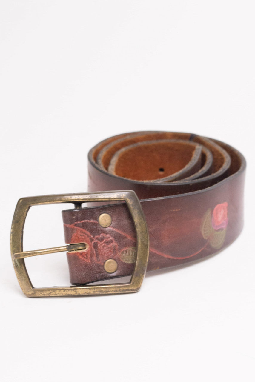 Painted Roses Etched Leather Belt