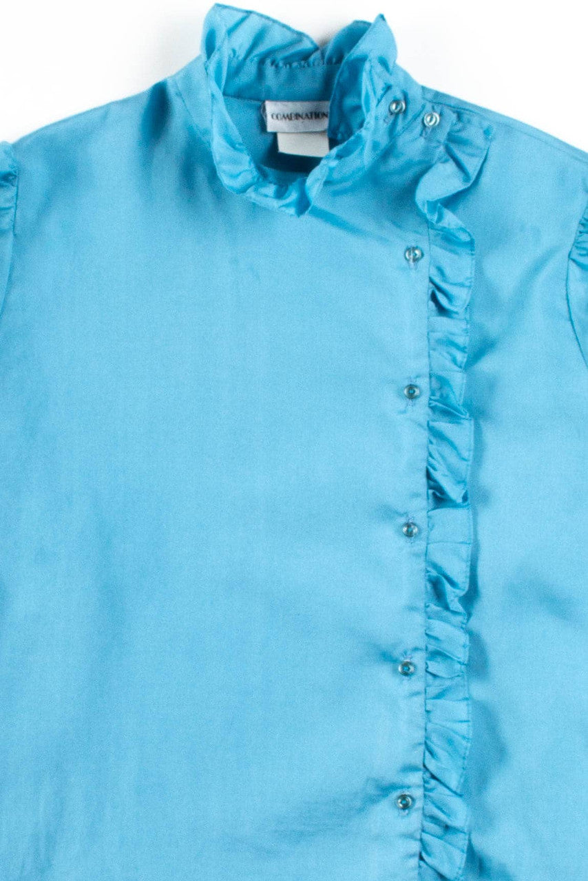 Blue Asymmetric Ruffle Trim Blouse