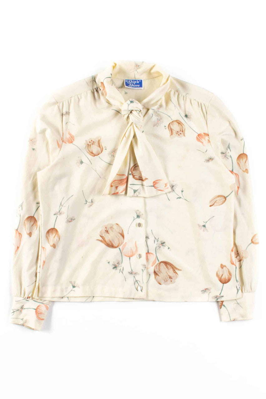 Cream Floral Tie Neck Blouse