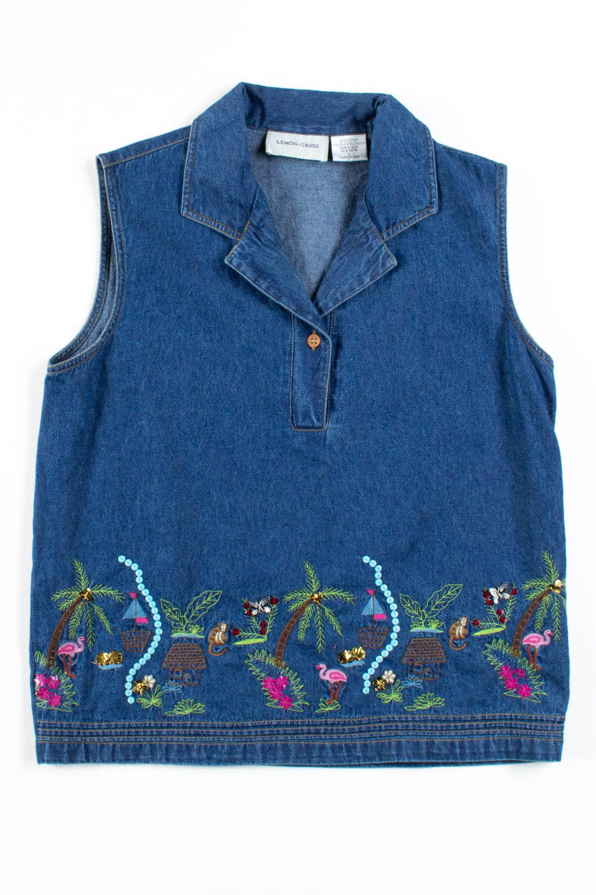 Denim Tropical Sequin Sleeveless Top