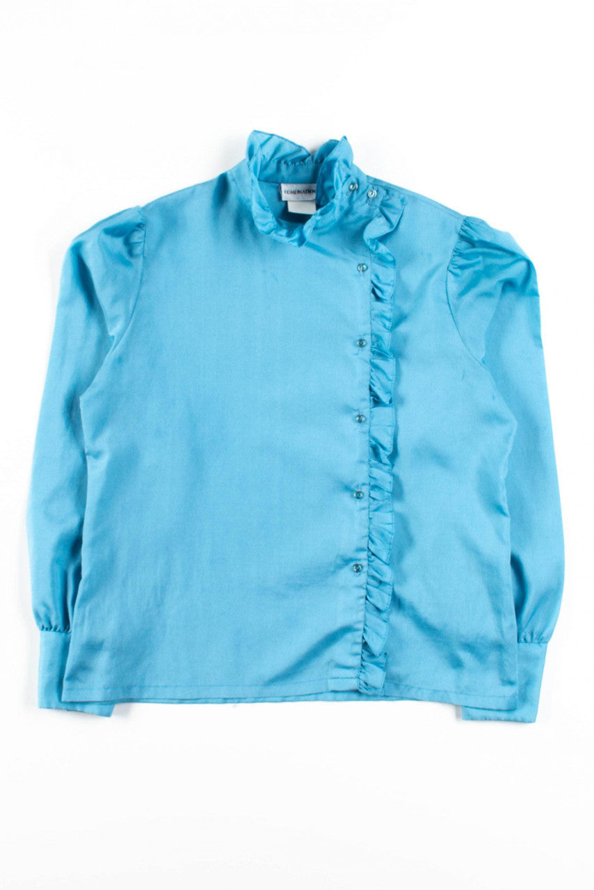 Blue Asymmetric Ruffle Trim Blouse